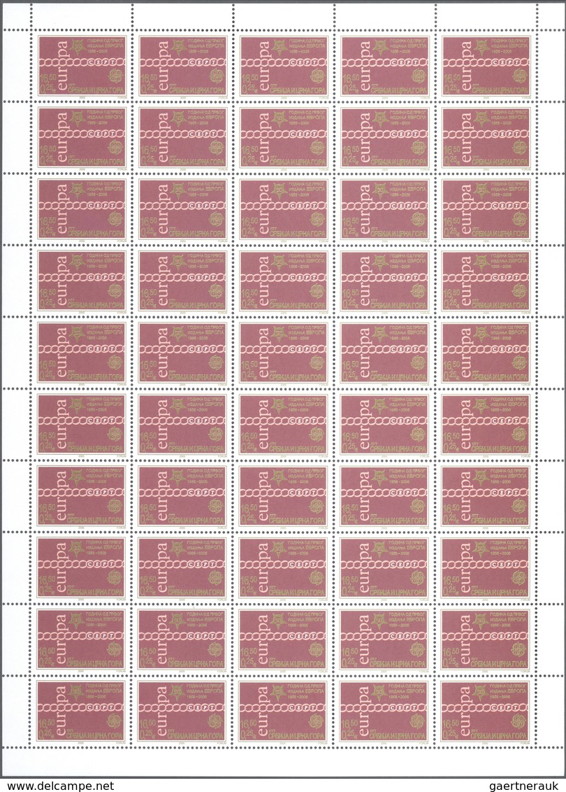 27119 Jugoslawien: 2006, "50 Jahre Europamarken". Lot von 1.000 Sätzen in Bogen und 1.000 Blockgarnituren