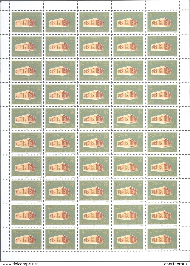 27119 Jugoslawien: 2006, "50 Jahre Europamarken". Lot von 1.000 Sätzen in Bogen und 1.000 Blockgarnituren
