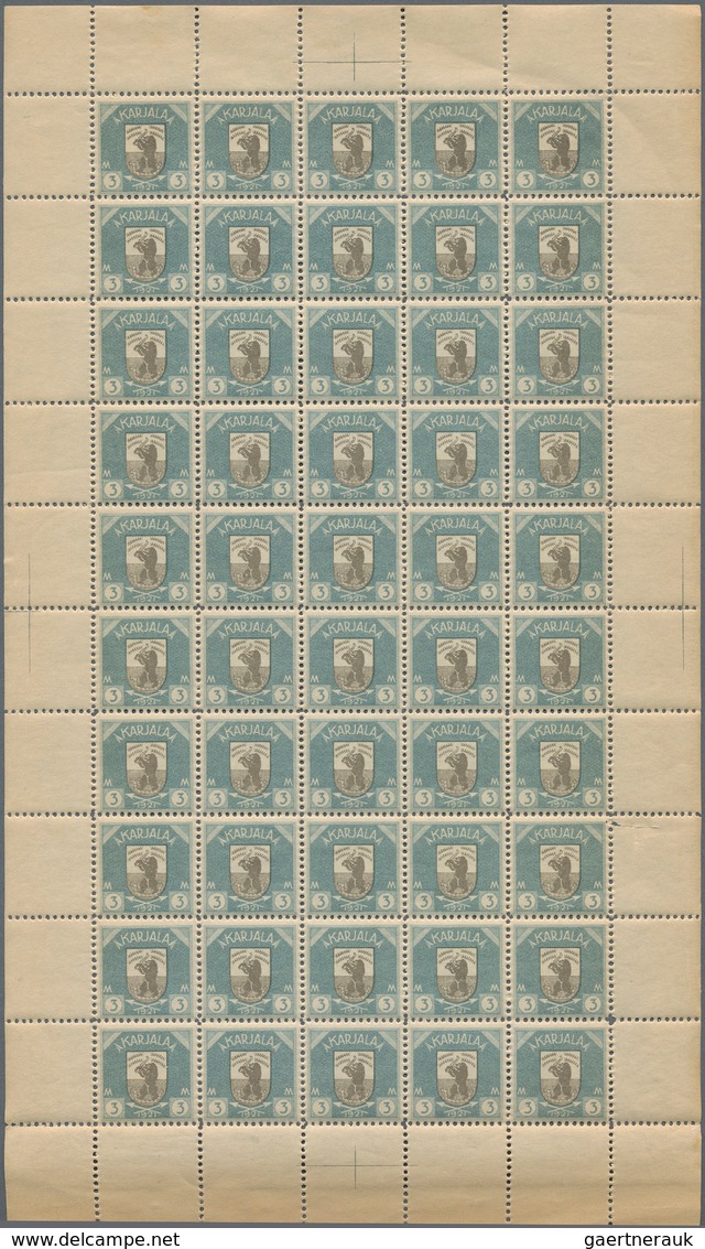 27128 Karelien: 1922. Definitives Issue. Lot With 1 Complete Sheet Of 50 Stamps "3m Pale-blue/black" (one - Lettres & Documents