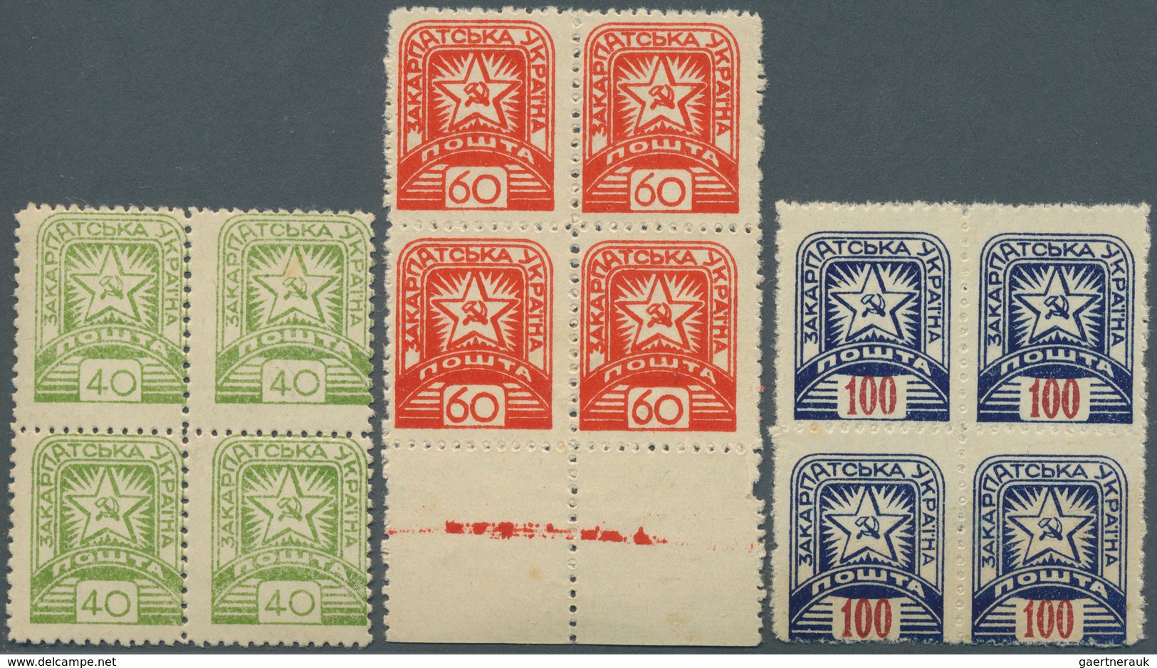 27129 Karpaten-Ukraine: 1945, Group Of Ten Blocks Of Four (=40 Stamps), Unnmounted Mint (some With Natural - Oekraïne