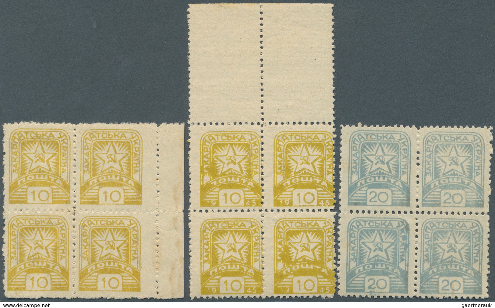 27129 Karpaten-Ukraine: 1945, Group Of Ten Blocks Of Four (=40 Stamps), Unnmounted Mint (some With Natural - Oekraïne