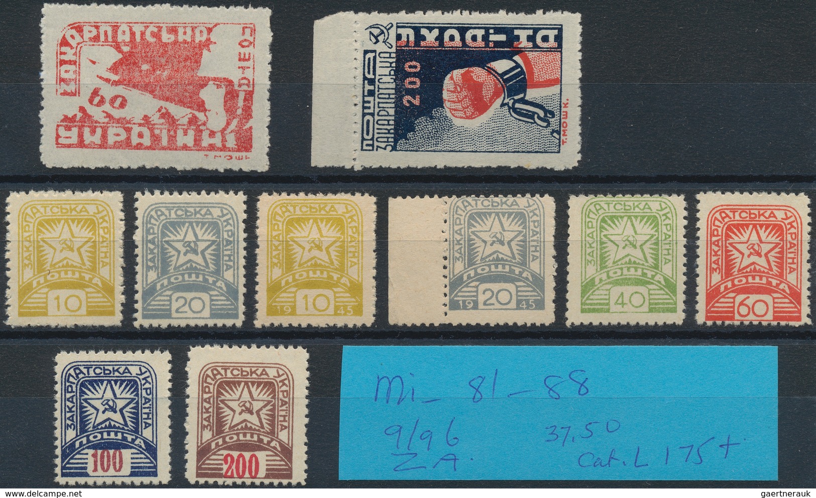 27131 Karpaten-Ukraine: 1945, Lot Of 14 Mint Stamps Incl. 60 On 30f. Brown-carmine "broken H" Of Surcharge - Ukraine