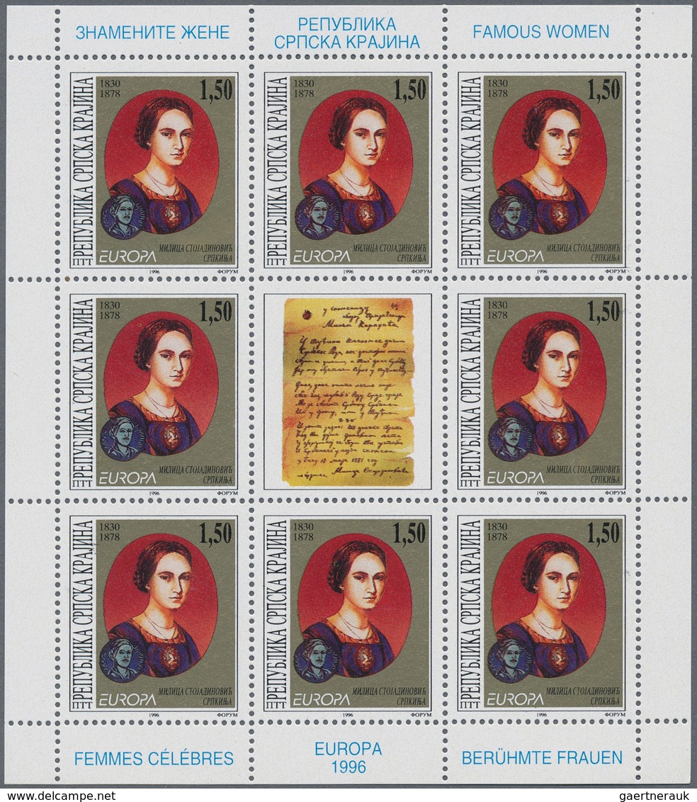 27159 Kroatien - Serbische Krajina: 1996, Europa, 100 Little Sheets Of 8 Stamps Of Each Issue, All Mint Ne - Croatie