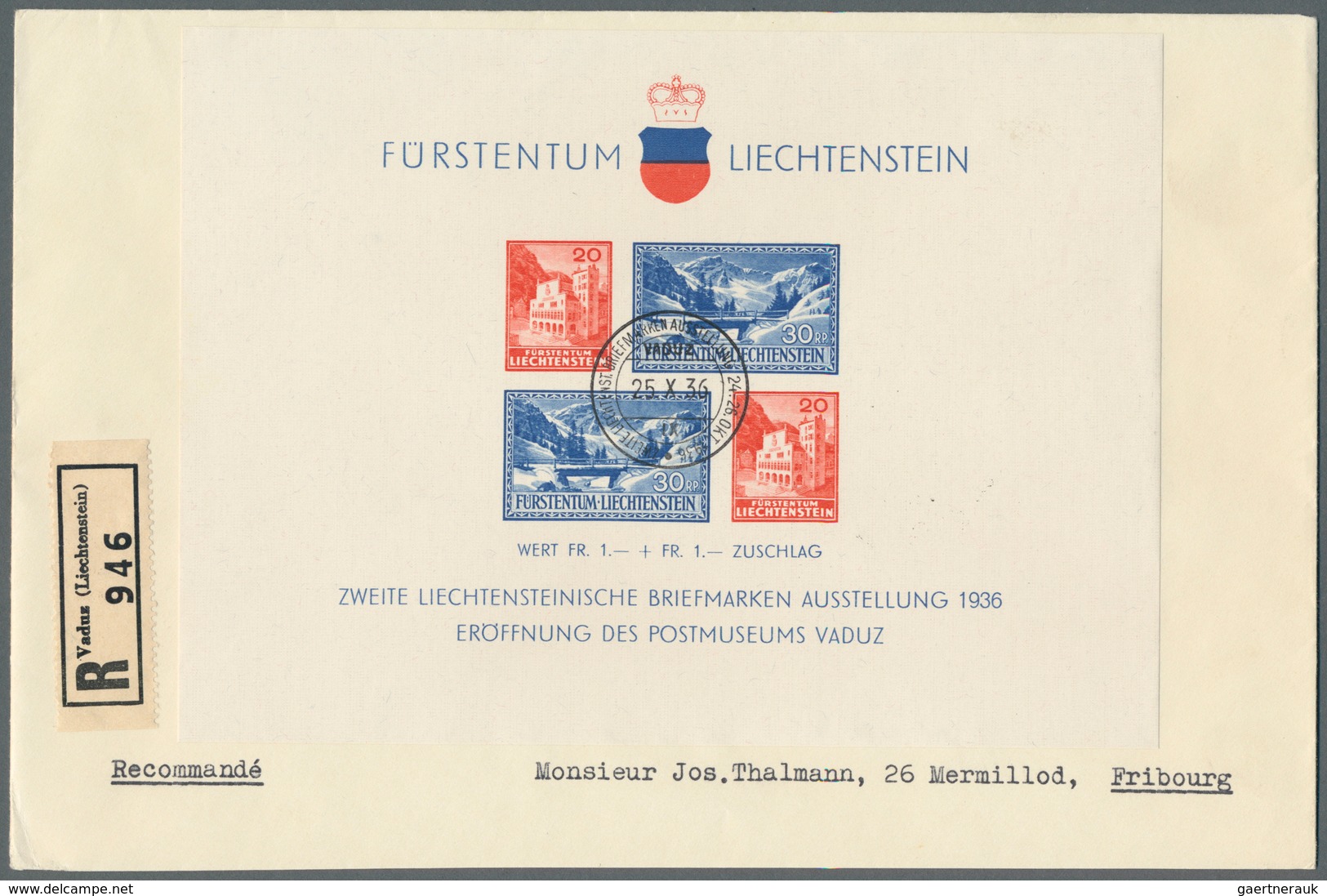 27209 Liechtenstein: 1936/1958, Lot von zehn Briefen/Karten, dabei MiNr. 149/50 auf Zeppelin-FDC, Bl. 2 au