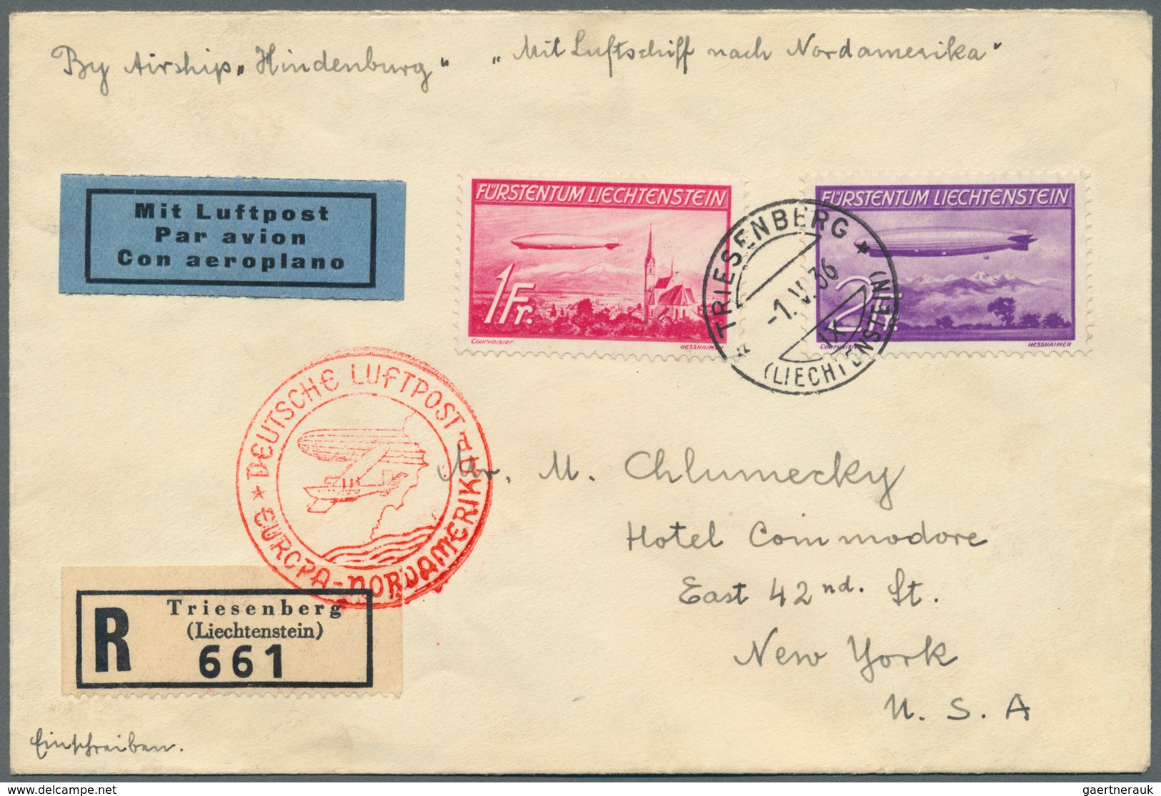 27209 Liechtenstein: 1936/1958, Lot von zehn Briefen/Karten, dabei MiNr. 149/50 auf Zeppelin-FDC, Bl. 2 au