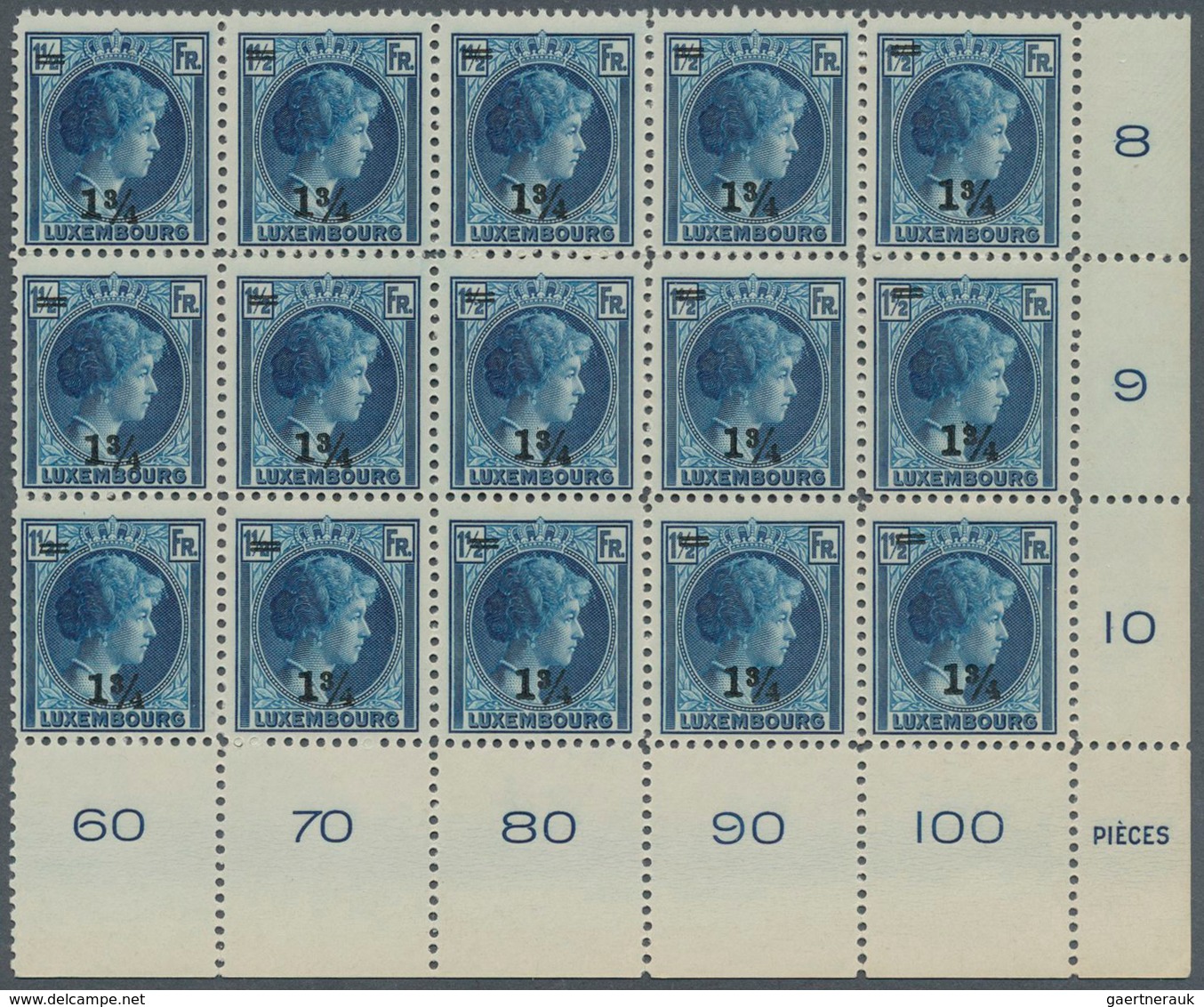 27278 Luxemburg: 1929, Grand Duchess Charlotte 1¼fr. Blue Surch. '1¾' In A Lot With 70 Stamps Mostly In Bl - Autres & Non Classés