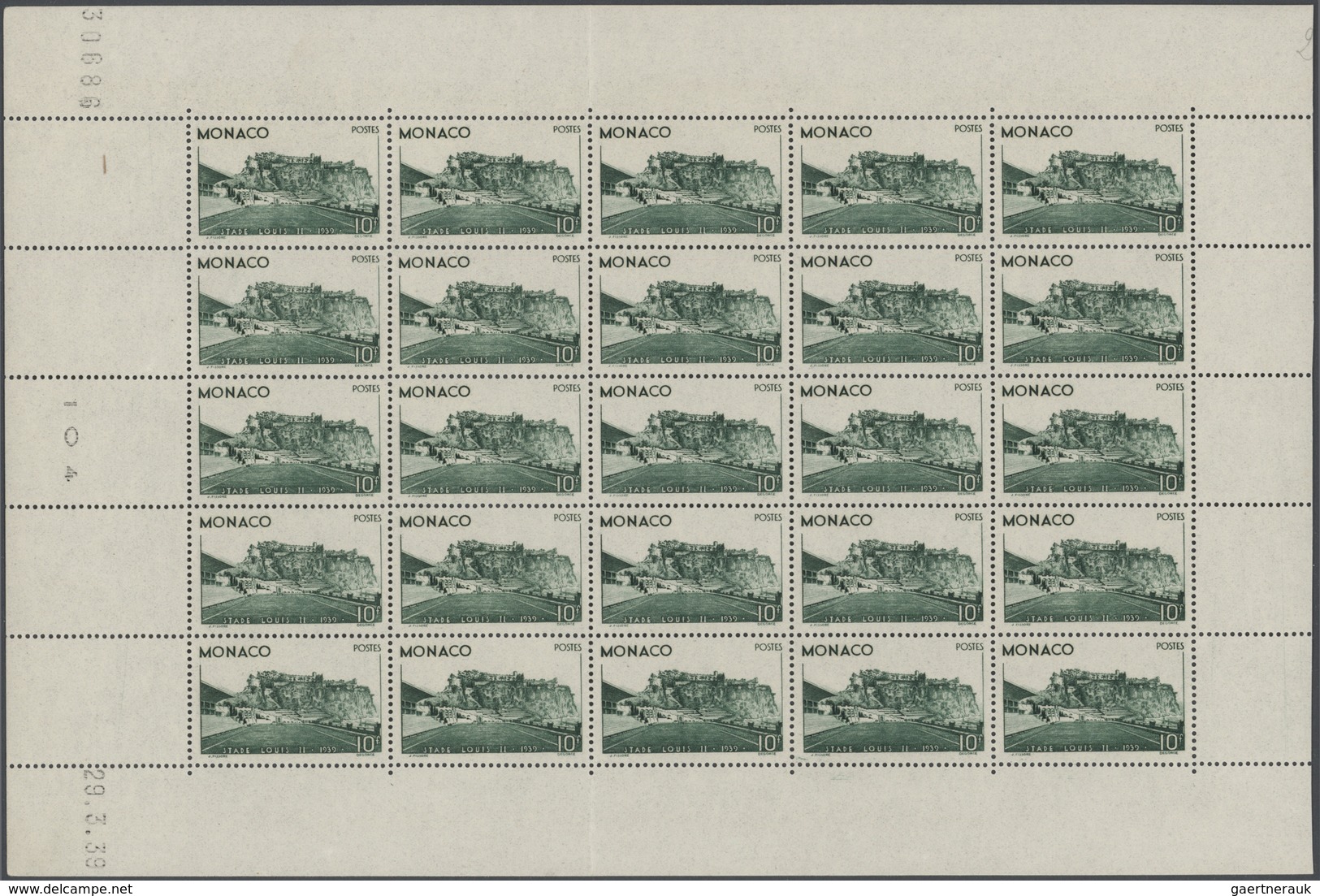 27361 Monaco: 1939, Louis II. Stadium 10fr. Dark Green Complete Sheet Of 25 With Margins And Printing Date - Neufs