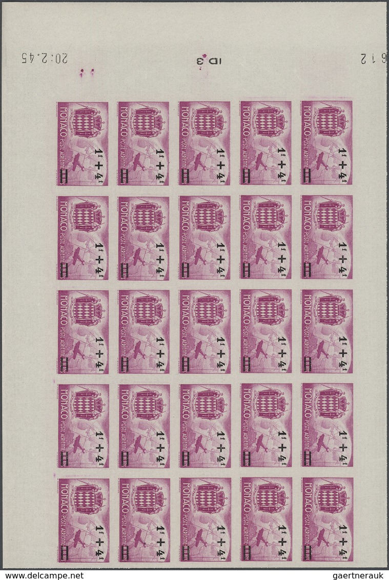 27364 Monaco: 1945, Airmails Surcharges Complete Set Of Five In A Lot With 75 IMPERFORATE Sets All In Bloc - Neufs