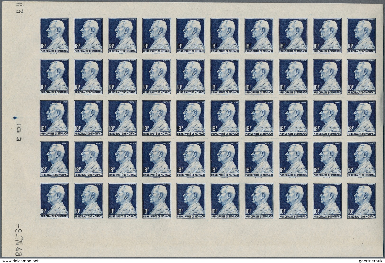 27369 Monaco: 1948/1949, Prince Louis II. Definitives Complete Set Of Ten In IMPERFORATE Blocks Of 50 (thr - Neufs