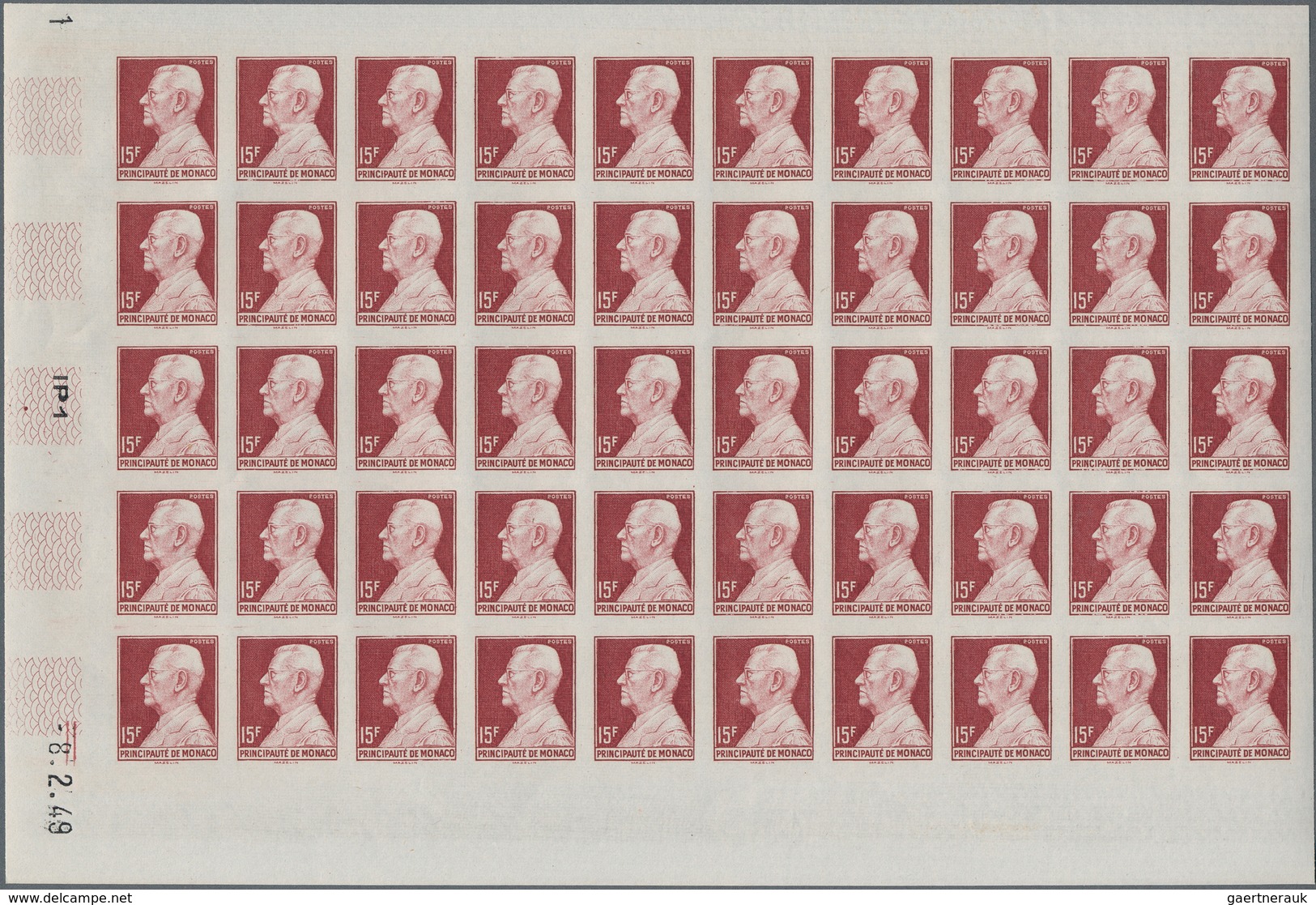 27369 Monaco: 1948/1949, Prince Louis II. Definitives Complete Set Of Ten In IMPERFORATE Blocks Of 50 (thr - Neufs