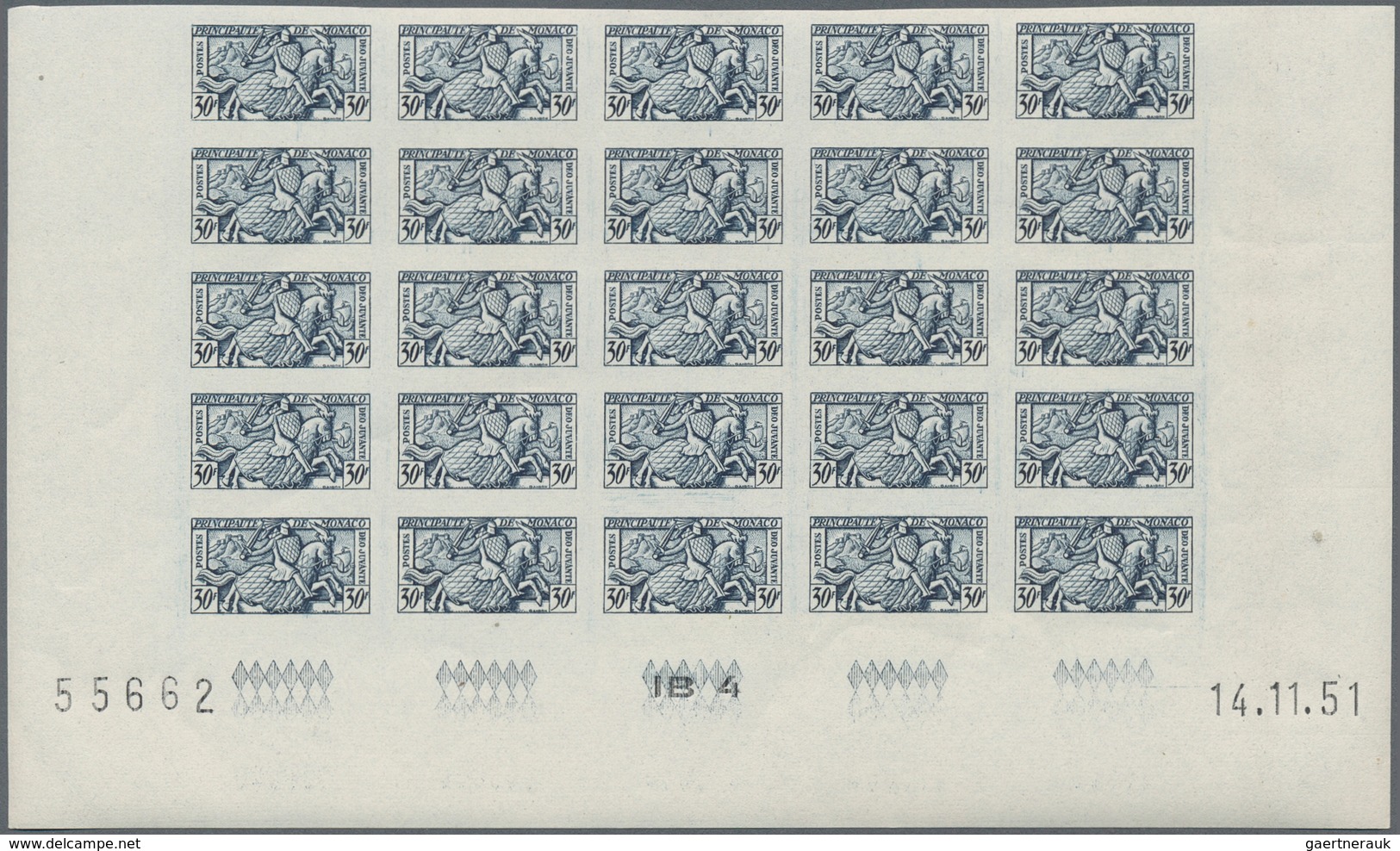 27371 Monaco: 1951, Visiting Card Stamps Complete Set Of Five Each In Four IMPERFORATE Blocks Of 25 Incl. - Neufs