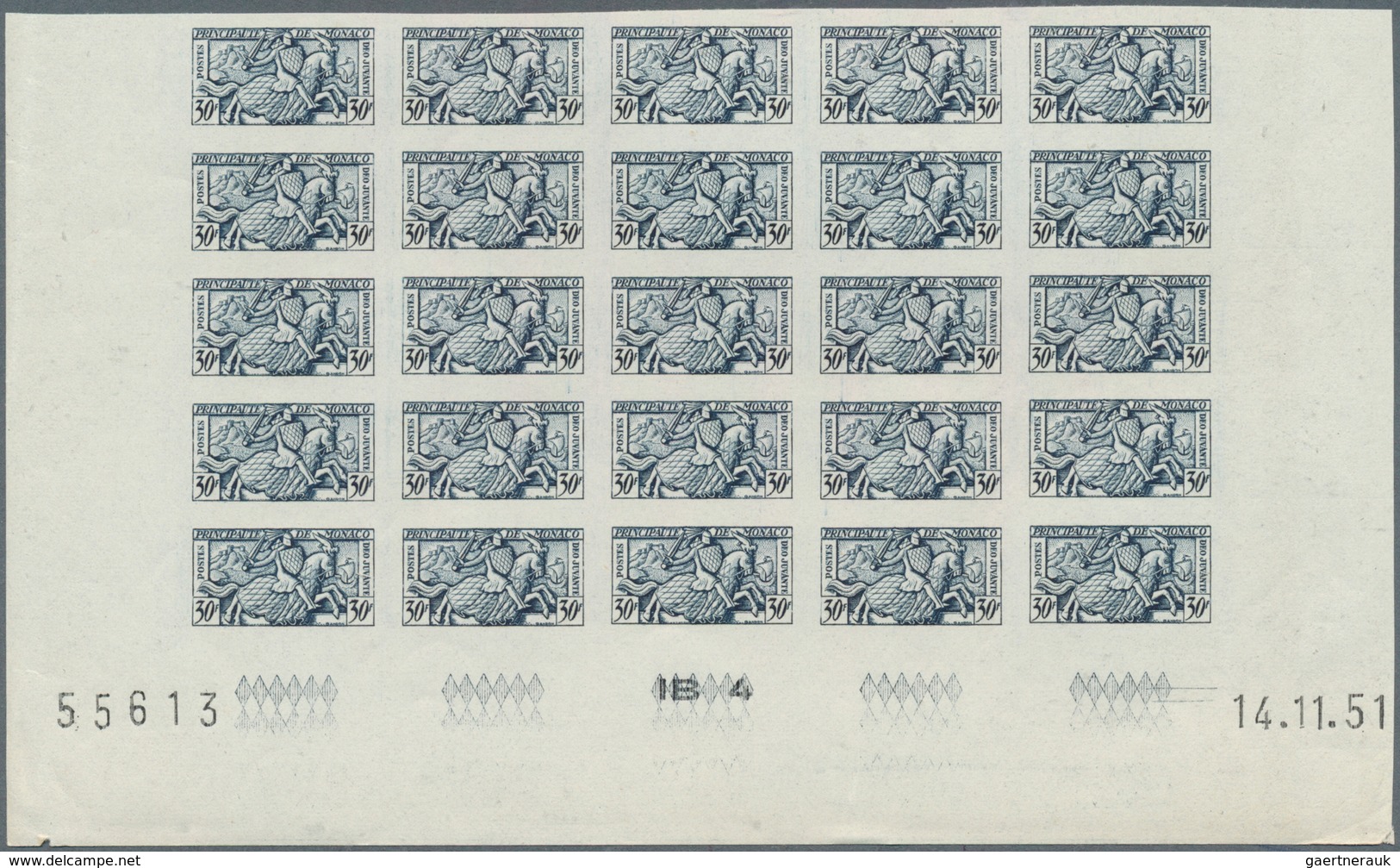 27372 Monaco: 1951, Visiting Card Stamps Complete Set Of Five In IMPERFORATE Blocks Of 25 From Lower Margi - Neufs