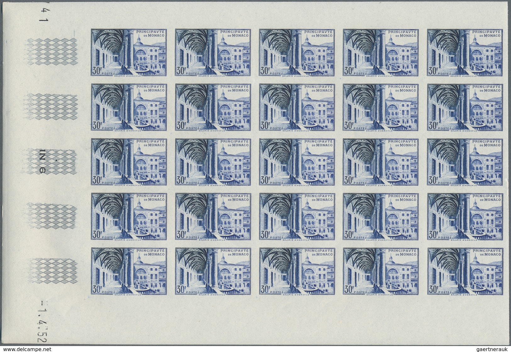 27373 Monaco: 1952, Opening Of New Postal Museum Complete Set Of Three In IMPERFORATE Blocks Of 25 (four E - Neufs