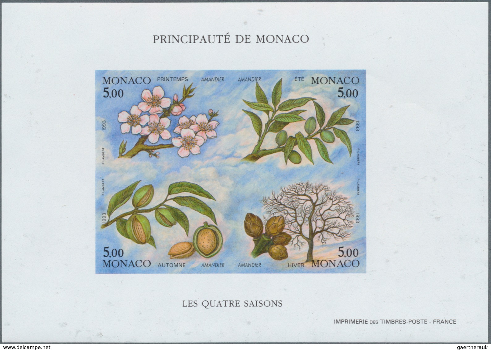 27389 Monaco: 1993, The Four Seasons (almond Tree) In A Lot With 60 IMPERFORATE Miniature Sheets, Mint Nev - Neufs
