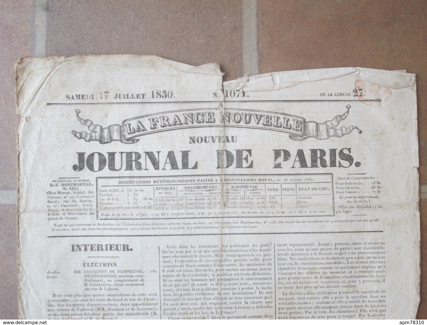 France Nouvelle - Nouveau Journal De Paris - 17 Juillet 1830 - 1800 - 1849