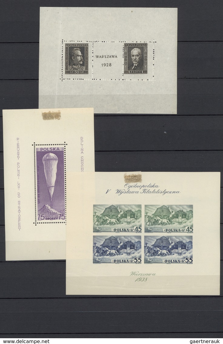 27718 Polen: 1928/1938, Lot Of Seven Souvenir Sheets, Varied Condition, Incl. 1928 Stamp Exhibition, 1938 - Lettres & Documents