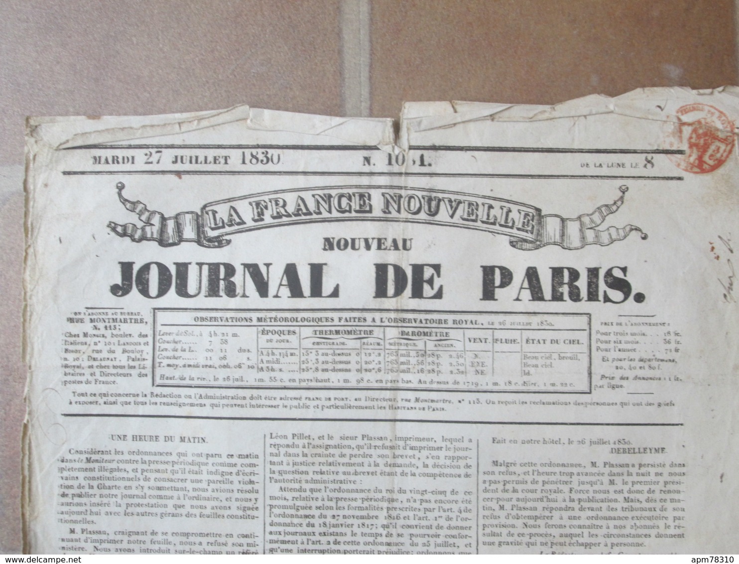 France Nouvelle - Nouveau Journal De Paris - 27 Juillet 1830 - Censuré - 1800 - 1849