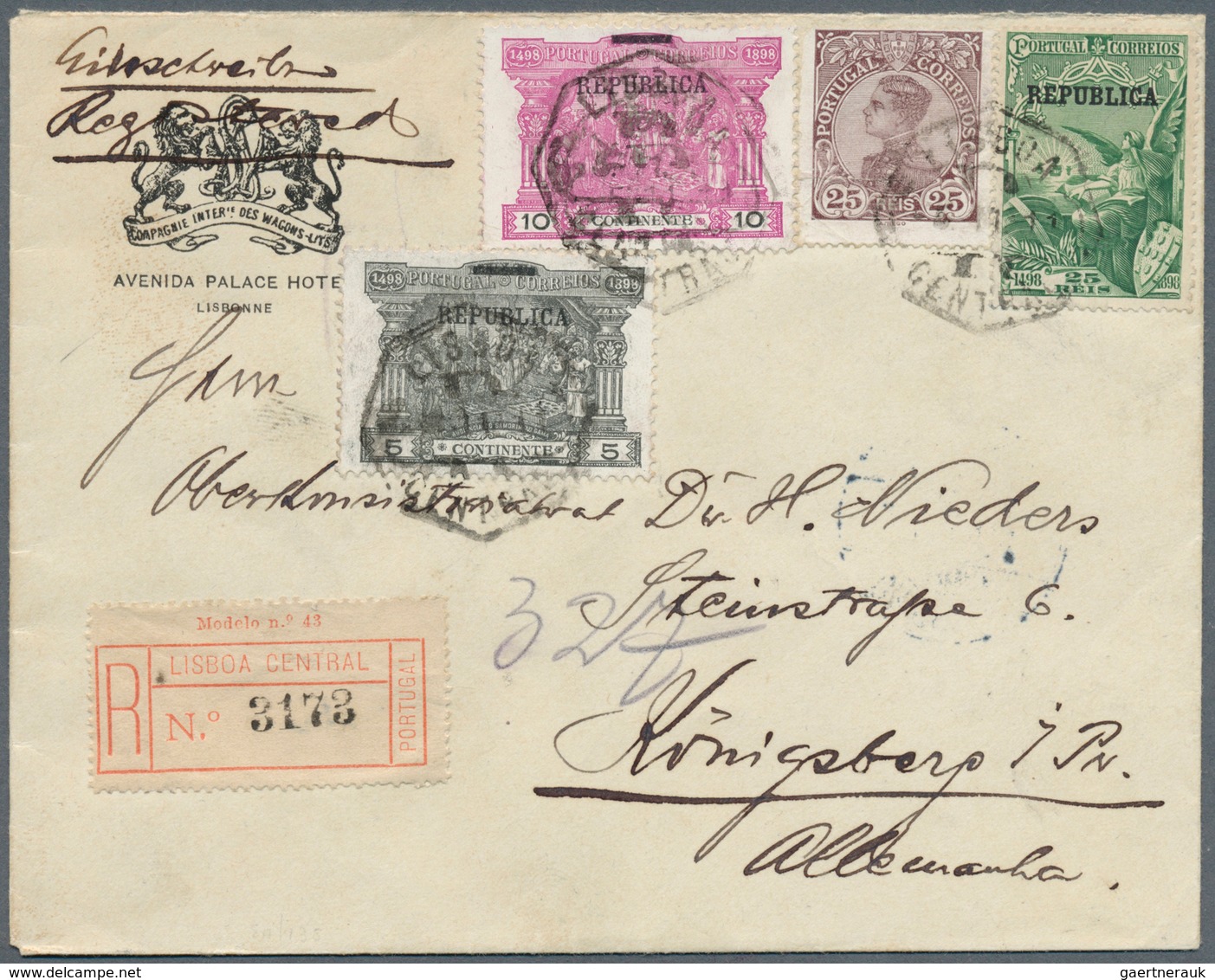 27766 Portugal: 1911/1913, Lot Of Five Better Registered Covers (single Lots) With Attractive Fankings, Ni - Lettres & Documents