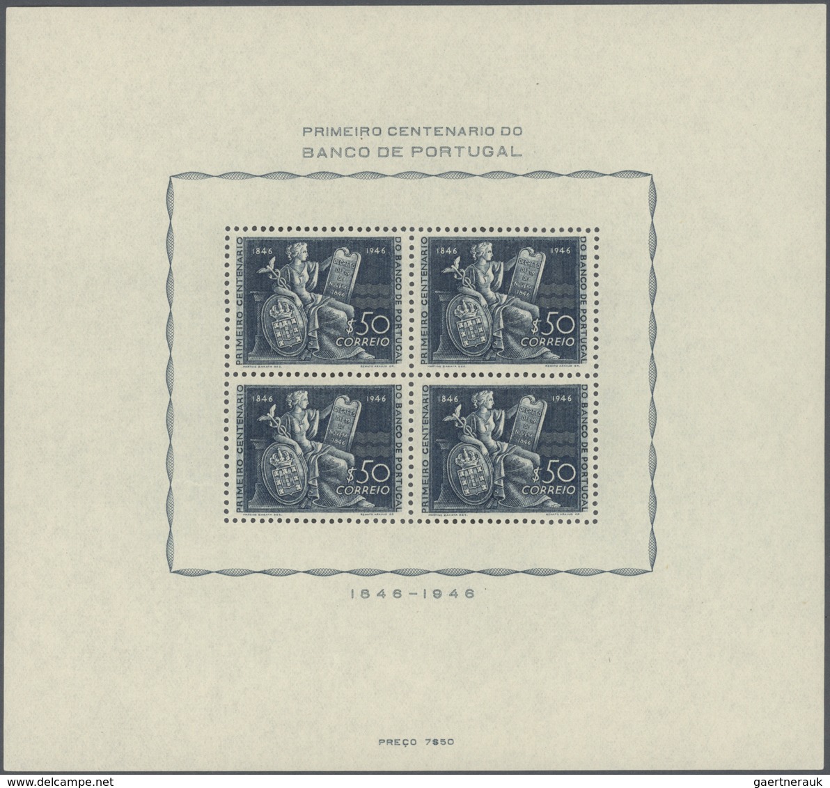 27781 Portugal: 1946, Bank Of Portugal, Souvenir Sheet, Ten Pieces Unmounted Mint. Michel Bl. 11, 2.700,- - Lettres & Documents