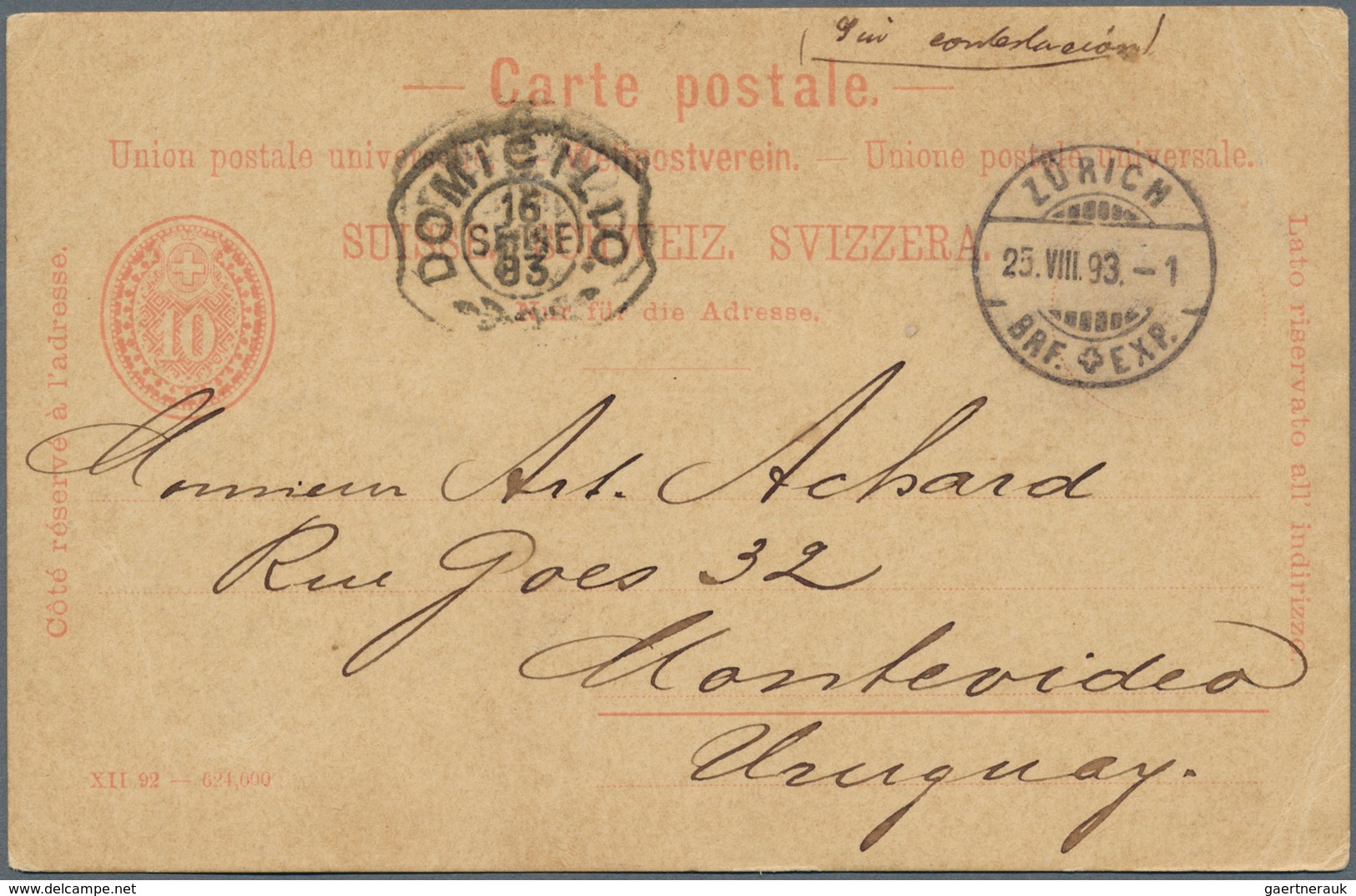 28054 Schweiz: 1892-1903 Destination SÜDAMERIKA: Drei Ganzsachenkarten (10 Rp.) Und Eine Ansichtskarte (Li - Neufs