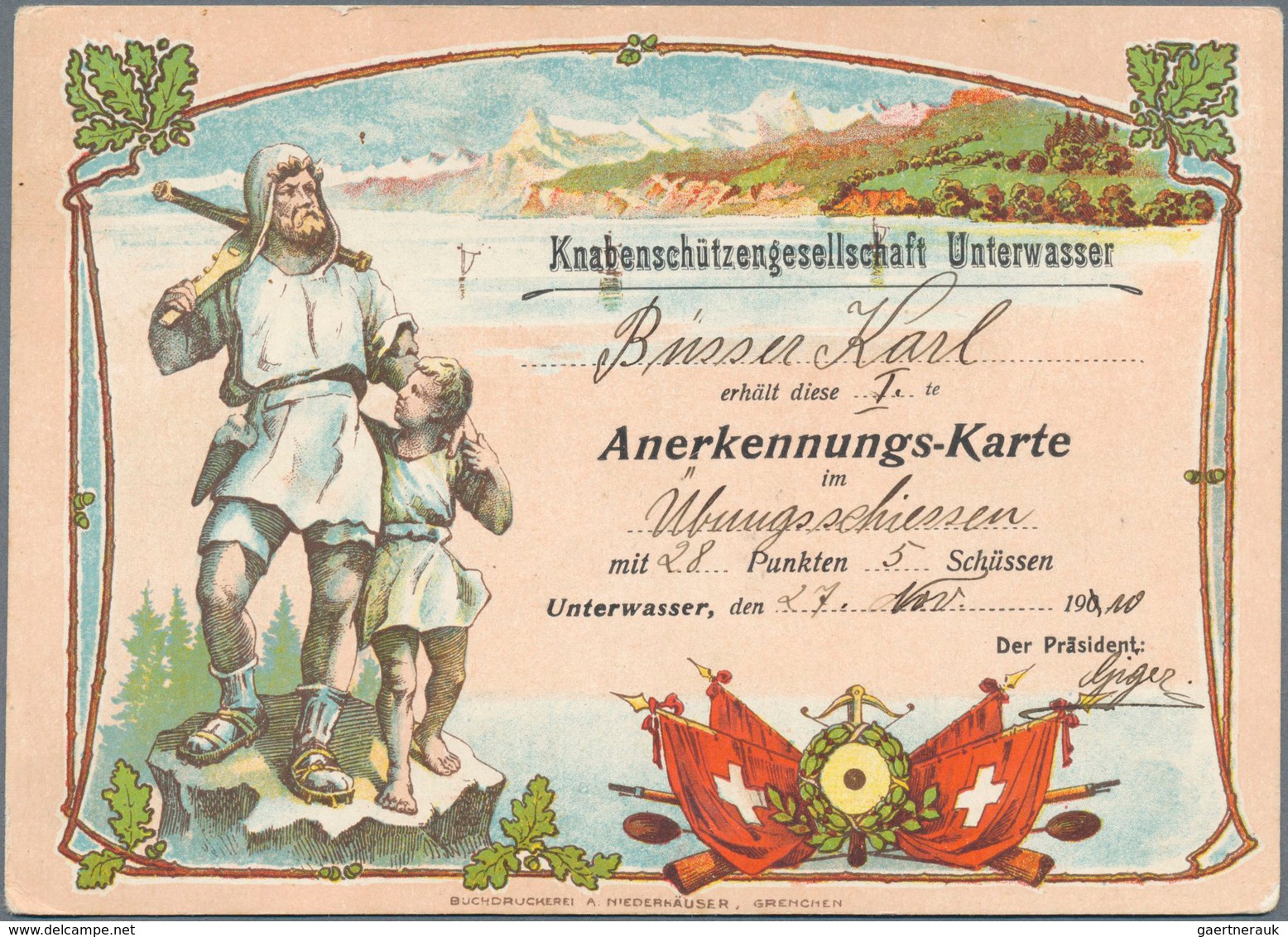 28055 Schweiz: 1898-1950, Schießsport: Über 40 "Ehrenmeldungen" Auf Graphisch Sehr Schön Gestalteten Karte - Neufs