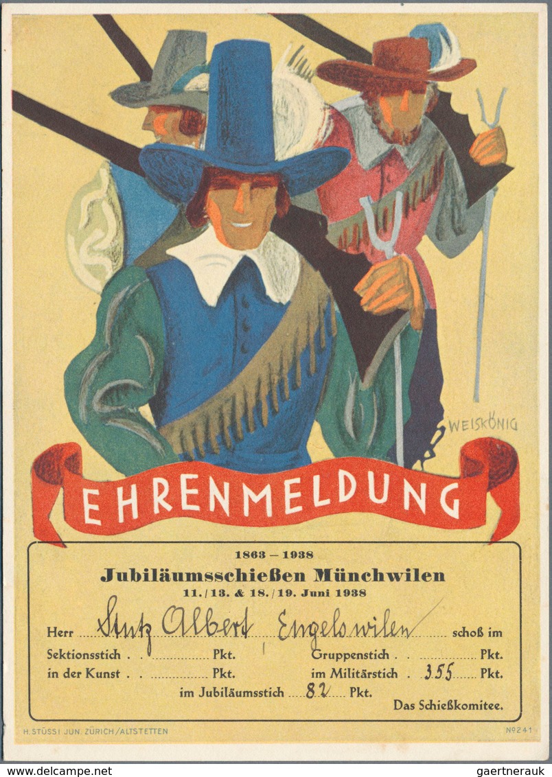 28055 Schweiz: 1898-1950, Schießsport: Über 40 "Ehrenmeldungen" Auf Graphisch Sehr Schön Gestalteten Karte - Neufs