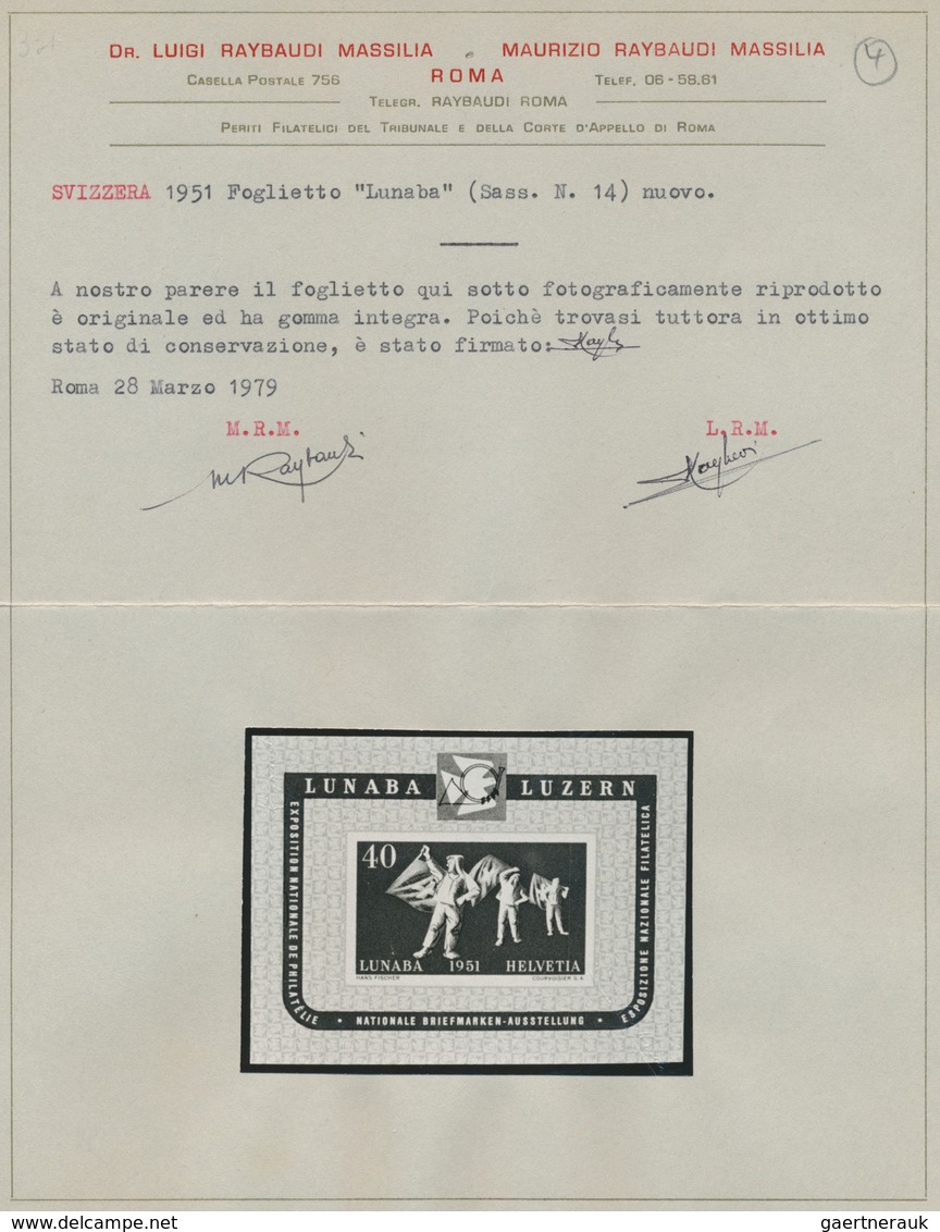 28113 Schweiz: 1951, Lunaba-Block per 8 mal, tadellos postfrisch, 7 mal signiert sowie Fotoattest, Mi. 2.0