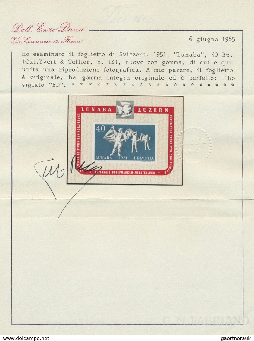 28113 Schweiz: 1951, Lunaba-Block per 8 mal, tadellos postfrisch, 7 mal signiert sowie Fotoattest, Mi. 2.0