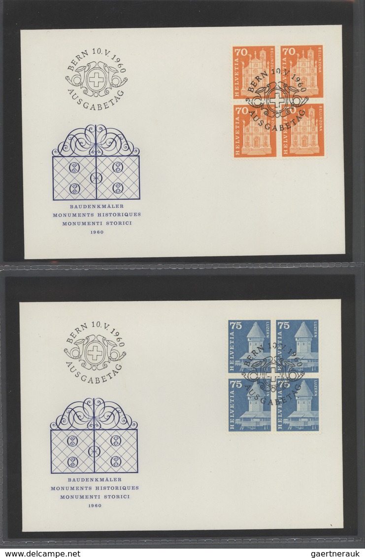 28116 Schweiz: 1960, Freimarken in Viererblocks, komplett auf Ersttagsbriefen. In dieser Form selten! (SBK