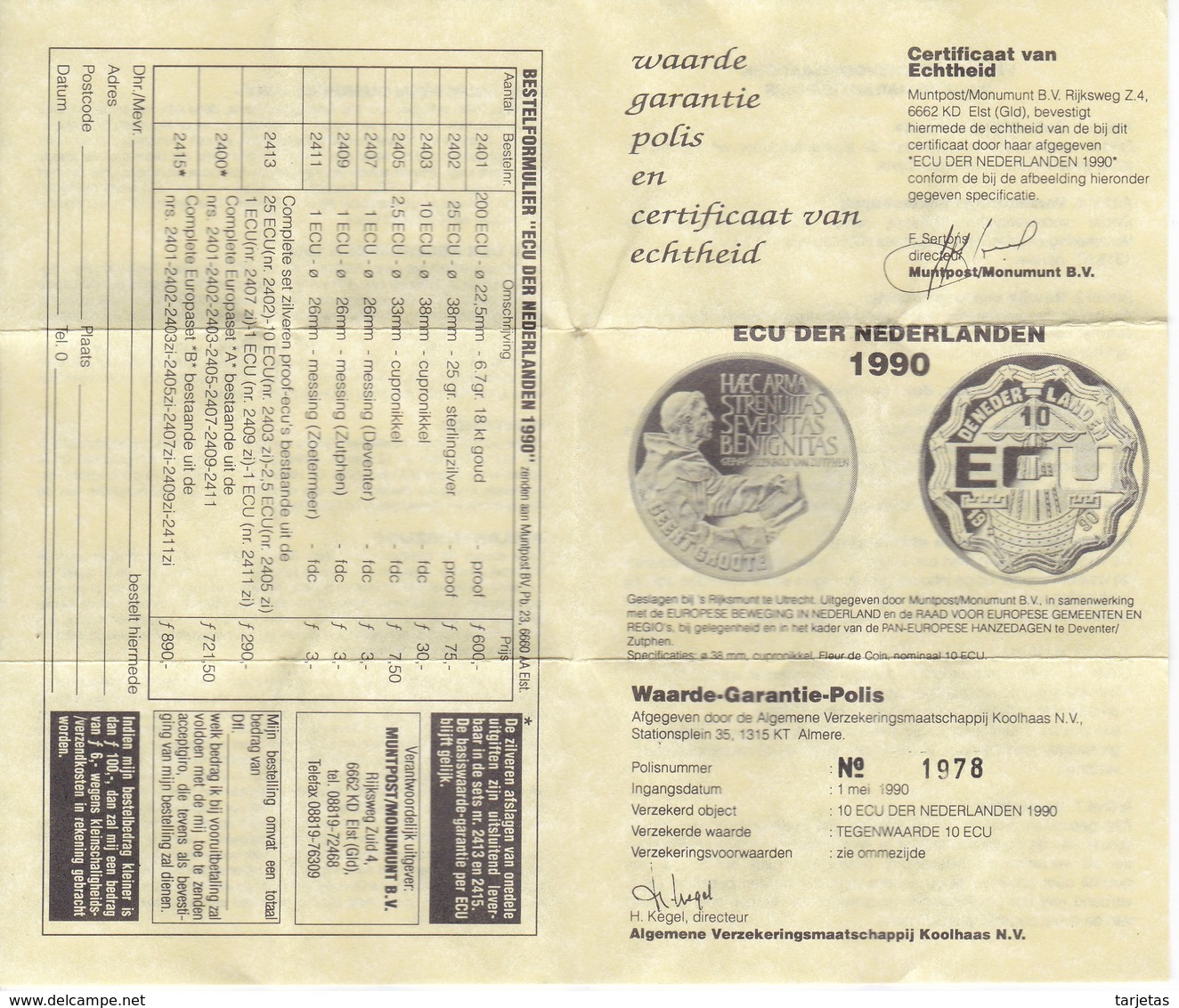 MONEDA DE HOLANDA DE 10 ECU 1990 - GEERT GROTTE CON CERTIFICADO DE GARANTIA EN SU ESTUCHE ORIGINAL - [Sets Sin Usar &  Sets De Prueba