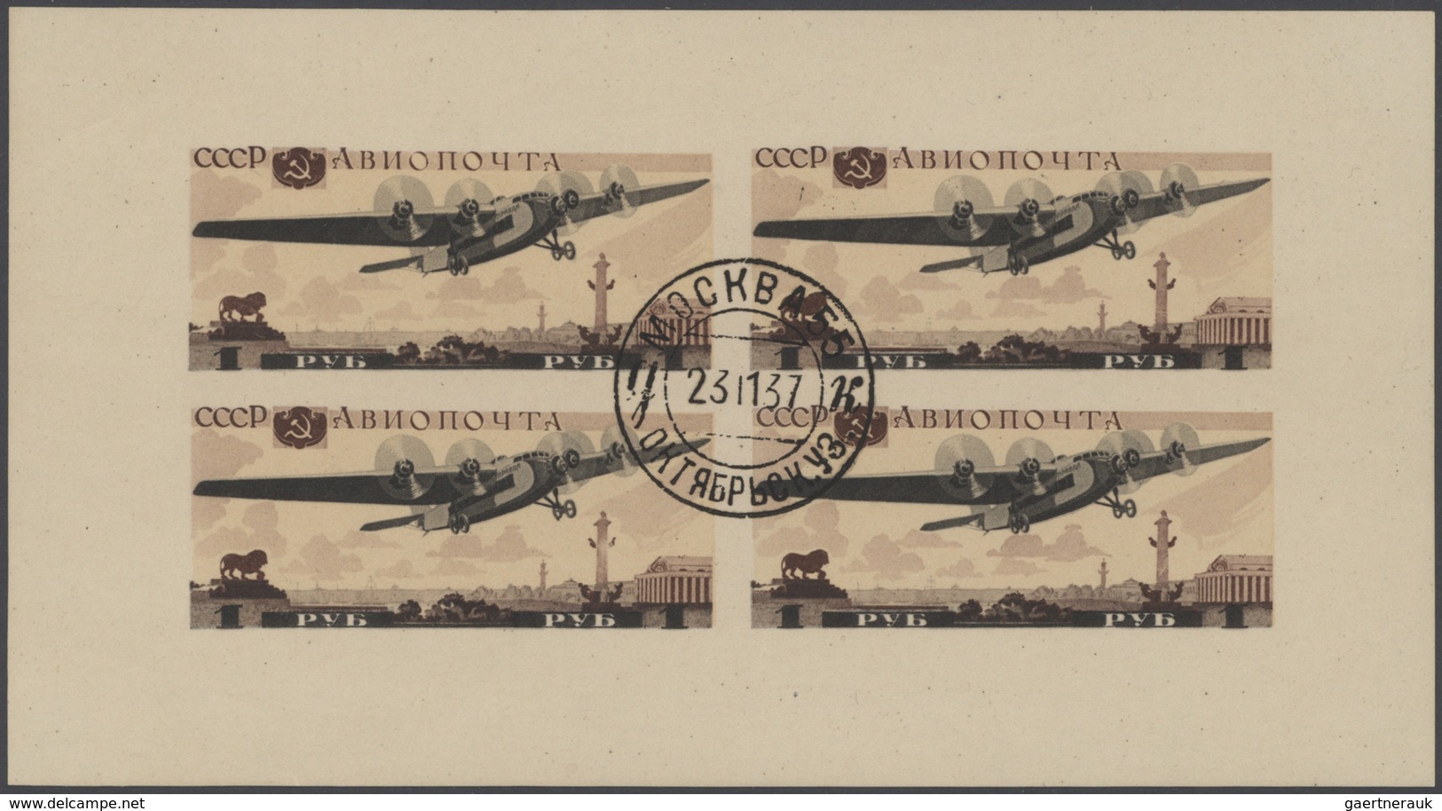 28193 Sowjetunion: 1937, Airmail Exhibition Souvenir Sheet, Two Copies U/m And One Neatly Cancelled, Few S - Lettres & Documents