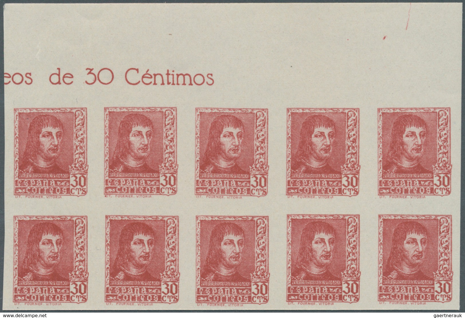 28267 Spanien: 1938, Ferdinand II. Definitive Issue 30c. Carmine-red In A Lot With 60 IMPERFORATE Stamps I - Oblitérés