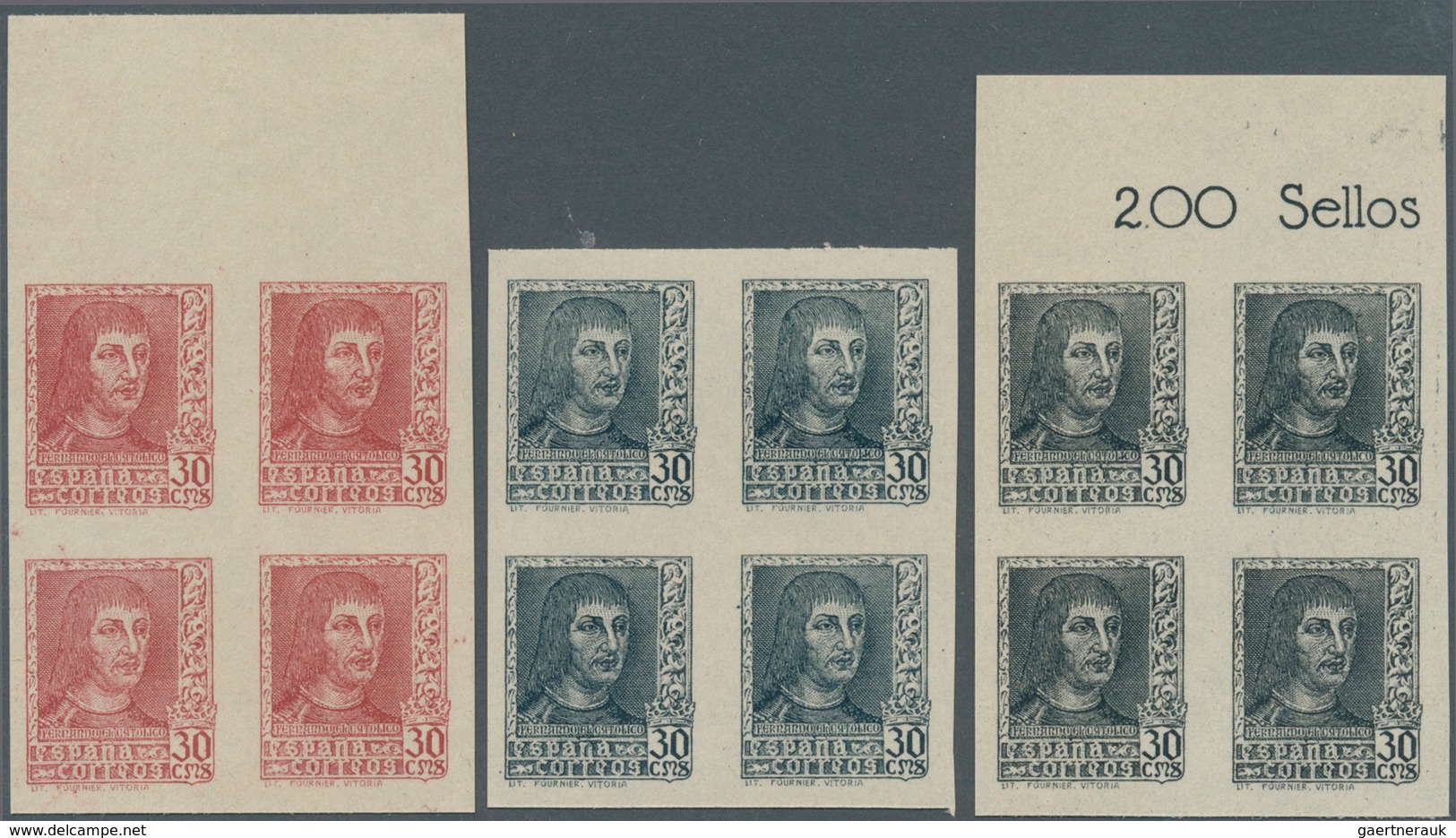 28267 Spanien: 1938, Ferdinand II. Definitive Issue 30c. Carmine-red In A Lot With 60 IMPERFORATE Stamps I - Oblitérés