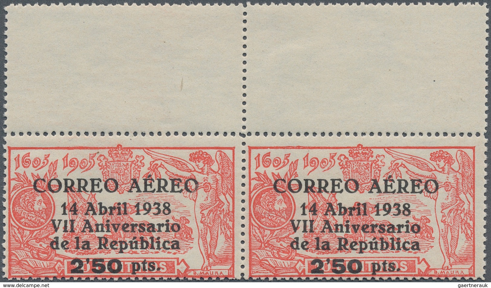 28269 Spanien: 1938, 7 Years Of Republic Airmail Issue 10c. Red Optd. 'CORREO AEREO / 14 Abril 1938 / VII - Oblitérés
