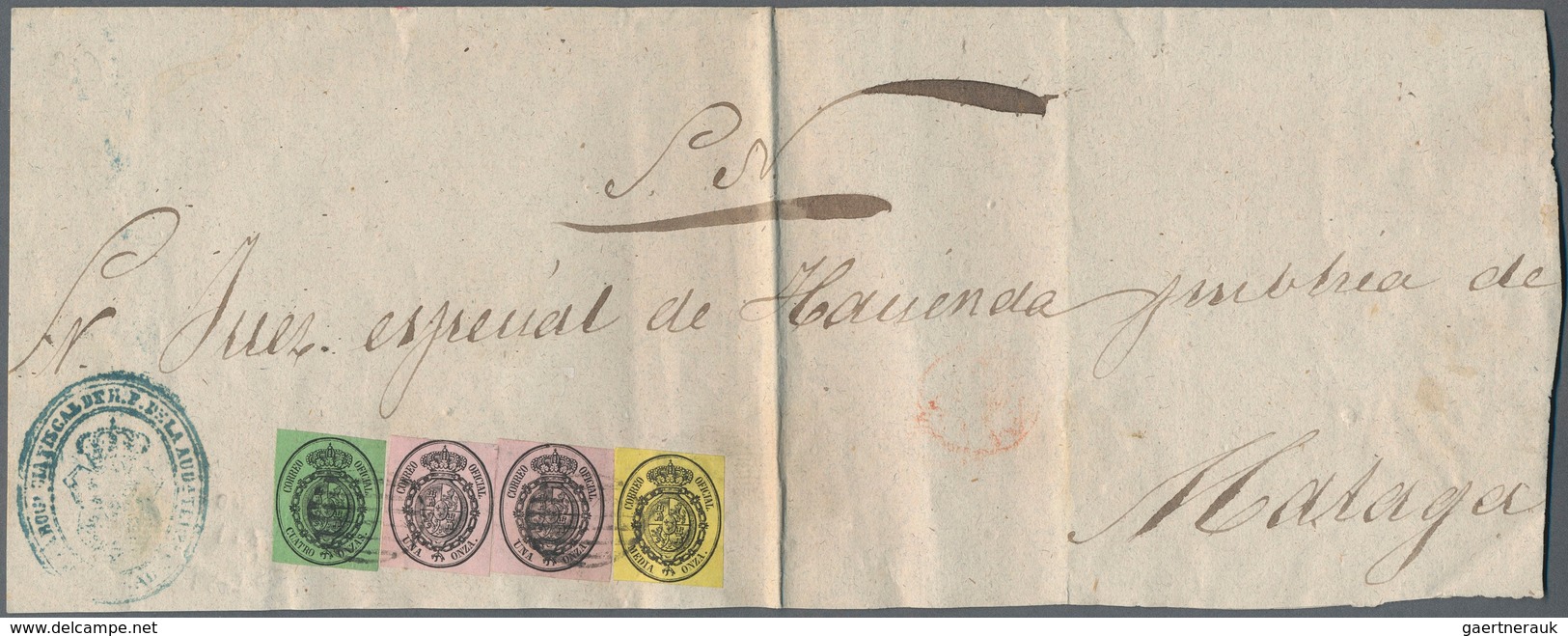 28290 Spanien - Dienstmarken: 1855, "Media Onza" Auf Gelb, 2x "Una Onza" Auf Rosa Und "Quadro Onzas" Auf G - Service