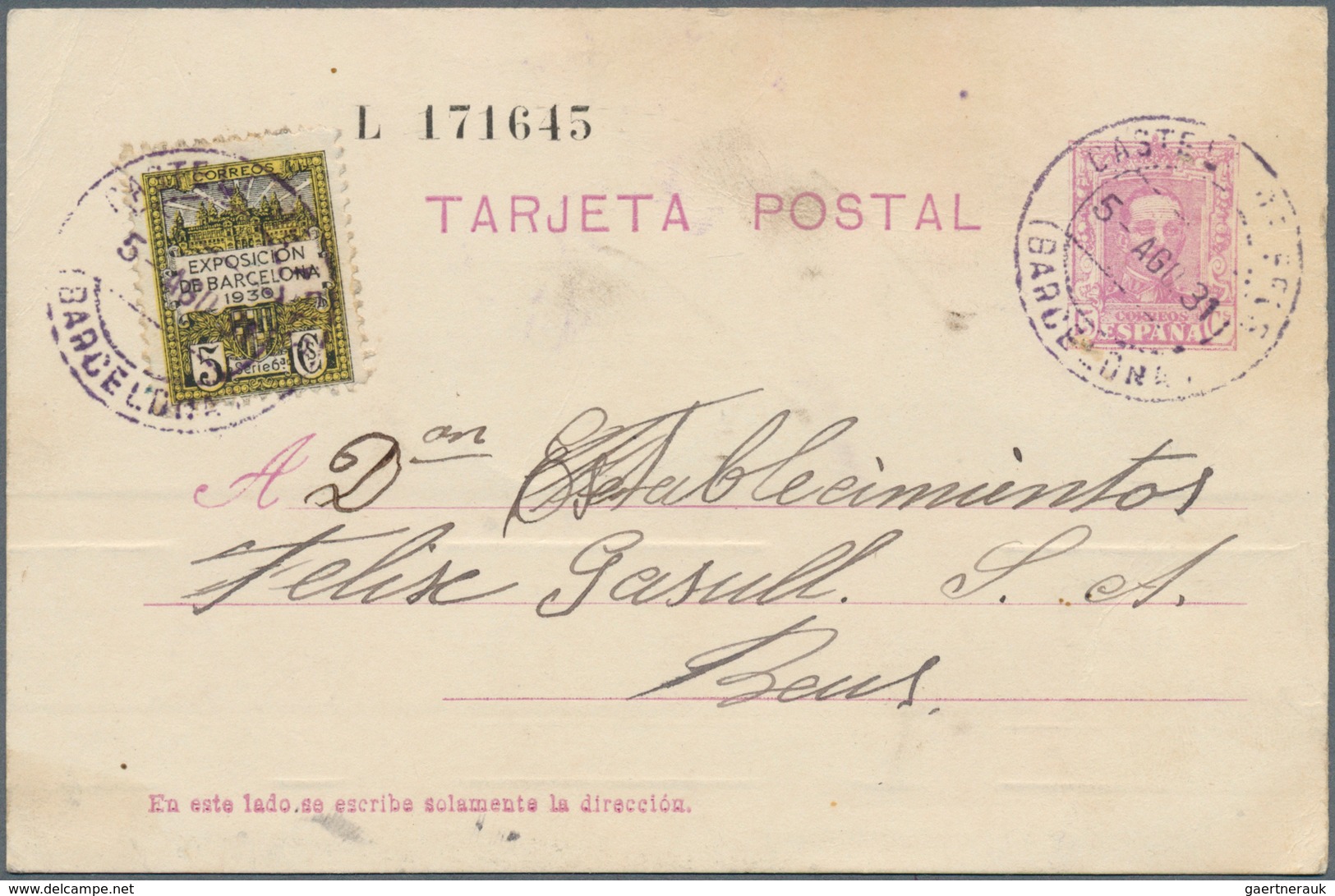 28291 Spanien - Zwangszuschlagsmarken Für Barcelona: 1929/1930, Group Of 6 Used Postal Stationery Cards, E - Impots De Guerre