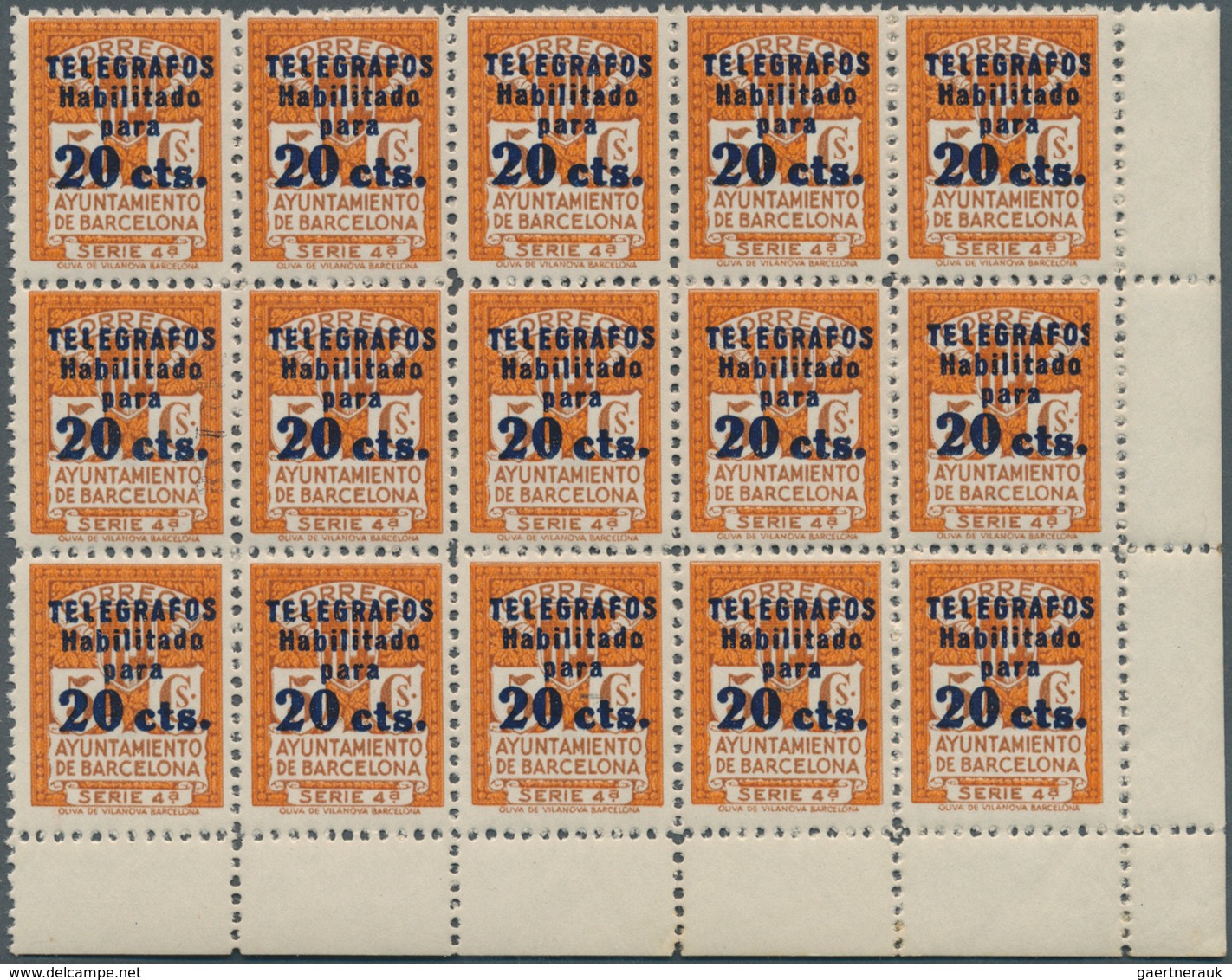 28294 Spanien - Zwangszuschlagsmarken Für Barcelona: TELEGRAPH STAMPS: 1937, Coat Of Arms Issue 5c. With B - Impots De Guerre