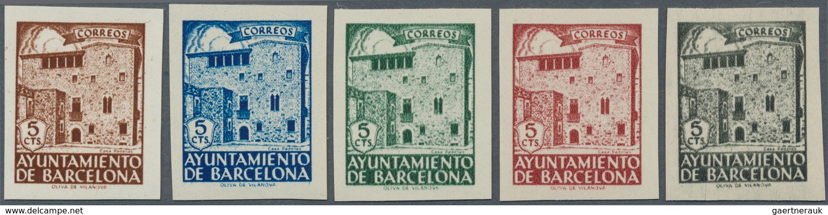 28299 Spanien - Zwangszuschlagsmarken Für Barcelona: 1943, Casa Padellás Set Of Five IMPERFORATE 5c. Stamp - Impots De Guerre