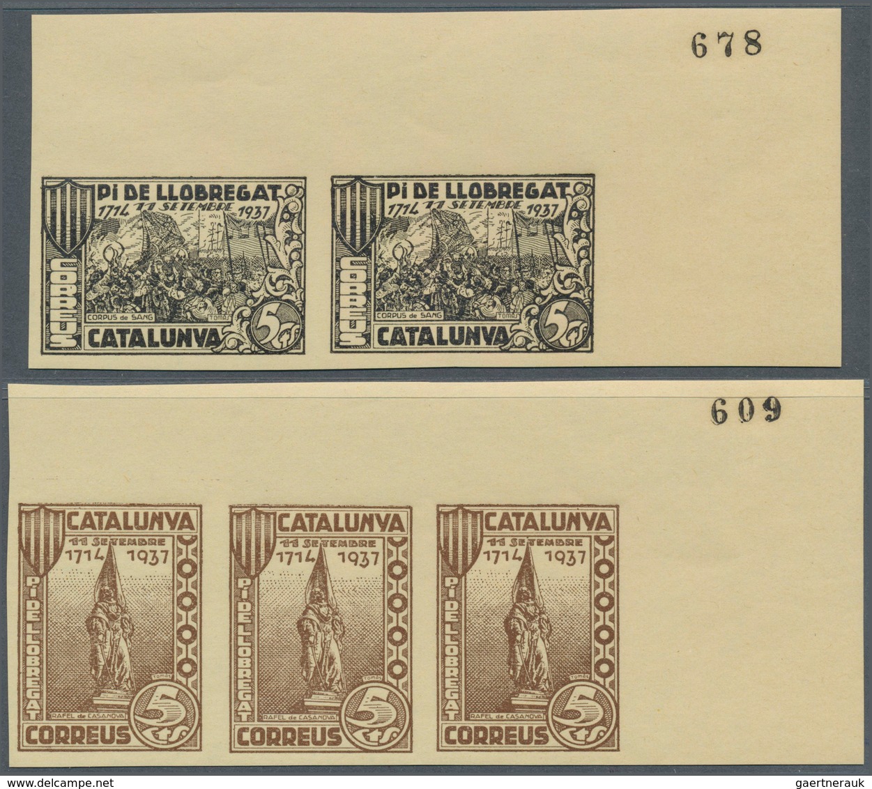 28305 Spanien - Lokalausgaben: 1937, CATALUNA: Accumulation Of Two Different Local 5 Cents Stamps 'PI DE L - Emissions Nationalistes