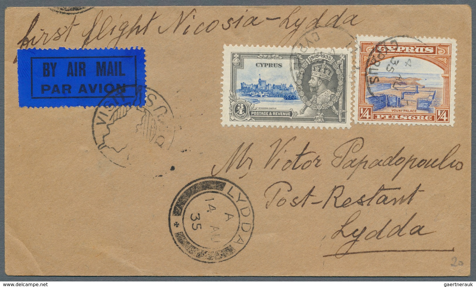 28527 Zypern: 1932/1946, Lot Of Six Cyprus-related Airmail Covers With Corresponding Endorsement And Cache - Autres & Non Classés