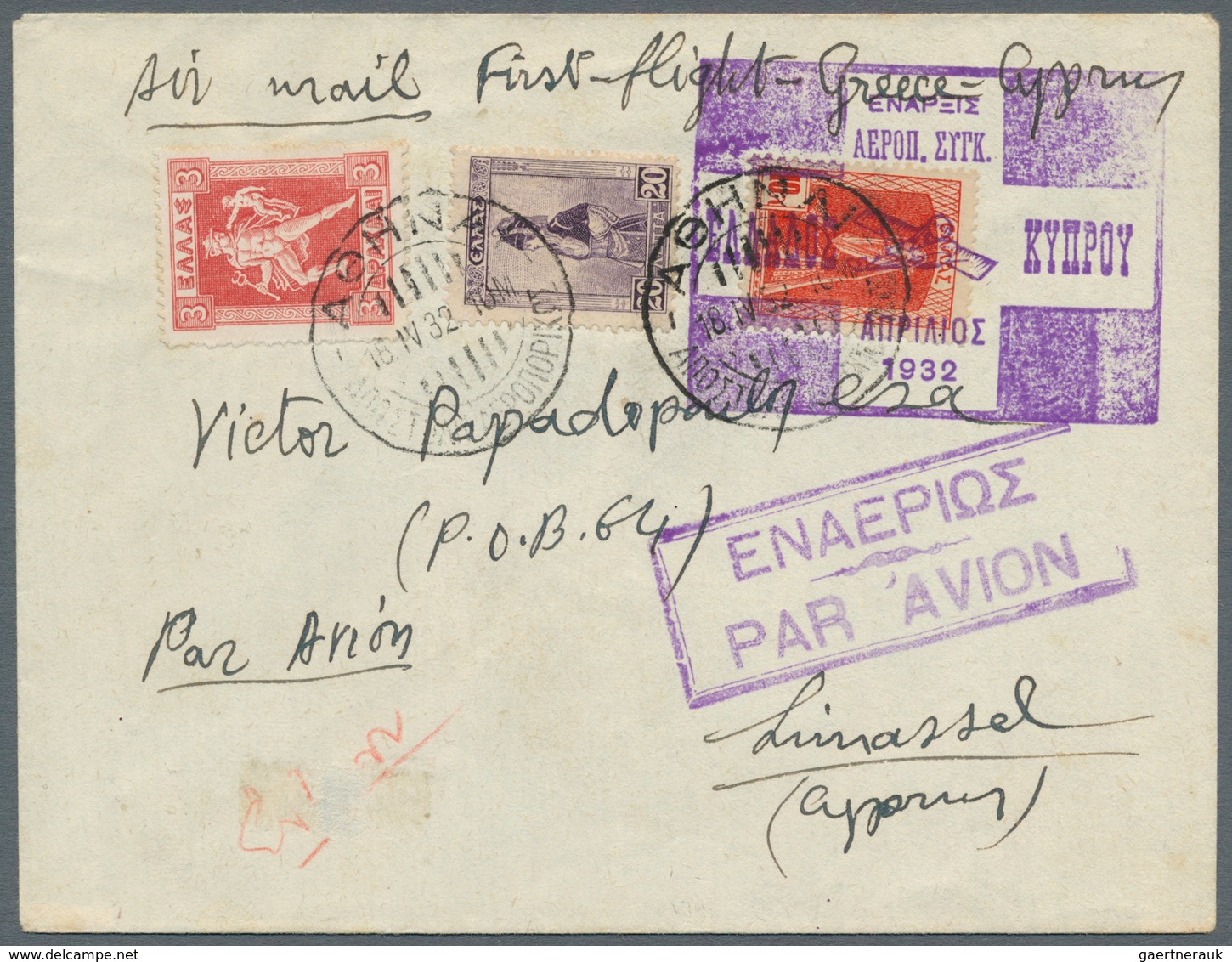 28527 Zypern: 1932/1946, Lot Of Six Cyprus-related Airmail Covers With Corresponding Endorsement And Cache - Autres & Non Classés