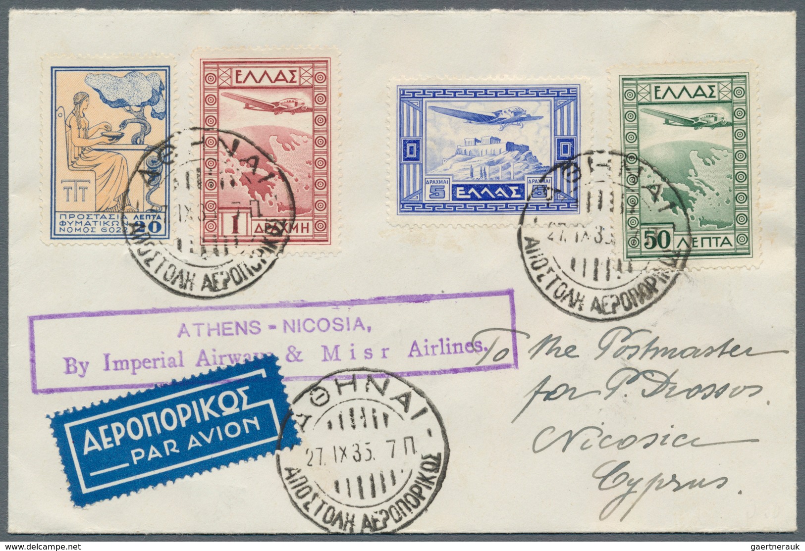 28527 Zypern: 1932/1946, Lot Of Six Cyprus-related Airmail Covers With Corresponding Endorsement And Cache - Autres & Non Classés