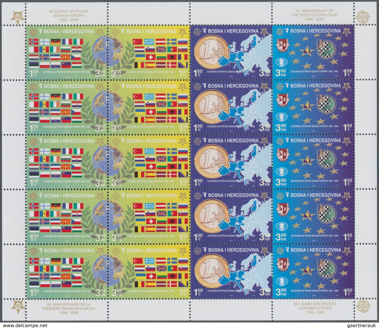 28605 Europa: 2006, "50 JAHRE EUROPAMARKEN". Posten mit den Ausgaben von 13 Ländern, postfrisch und je 1.0