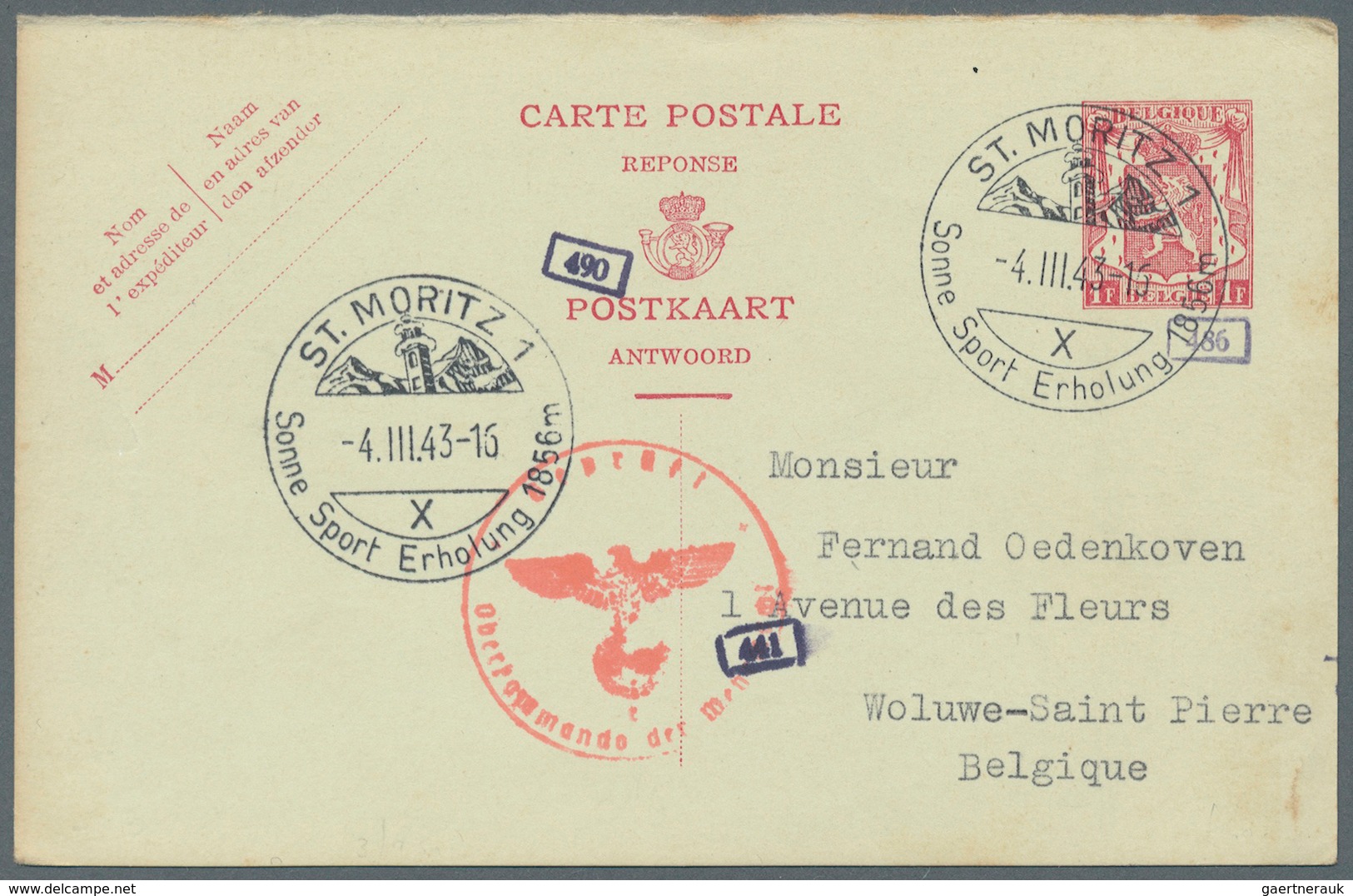 28847 BENELUX: 1823/1943, group of seven better entires, e.g. four Belgien reply cards returned from Switz