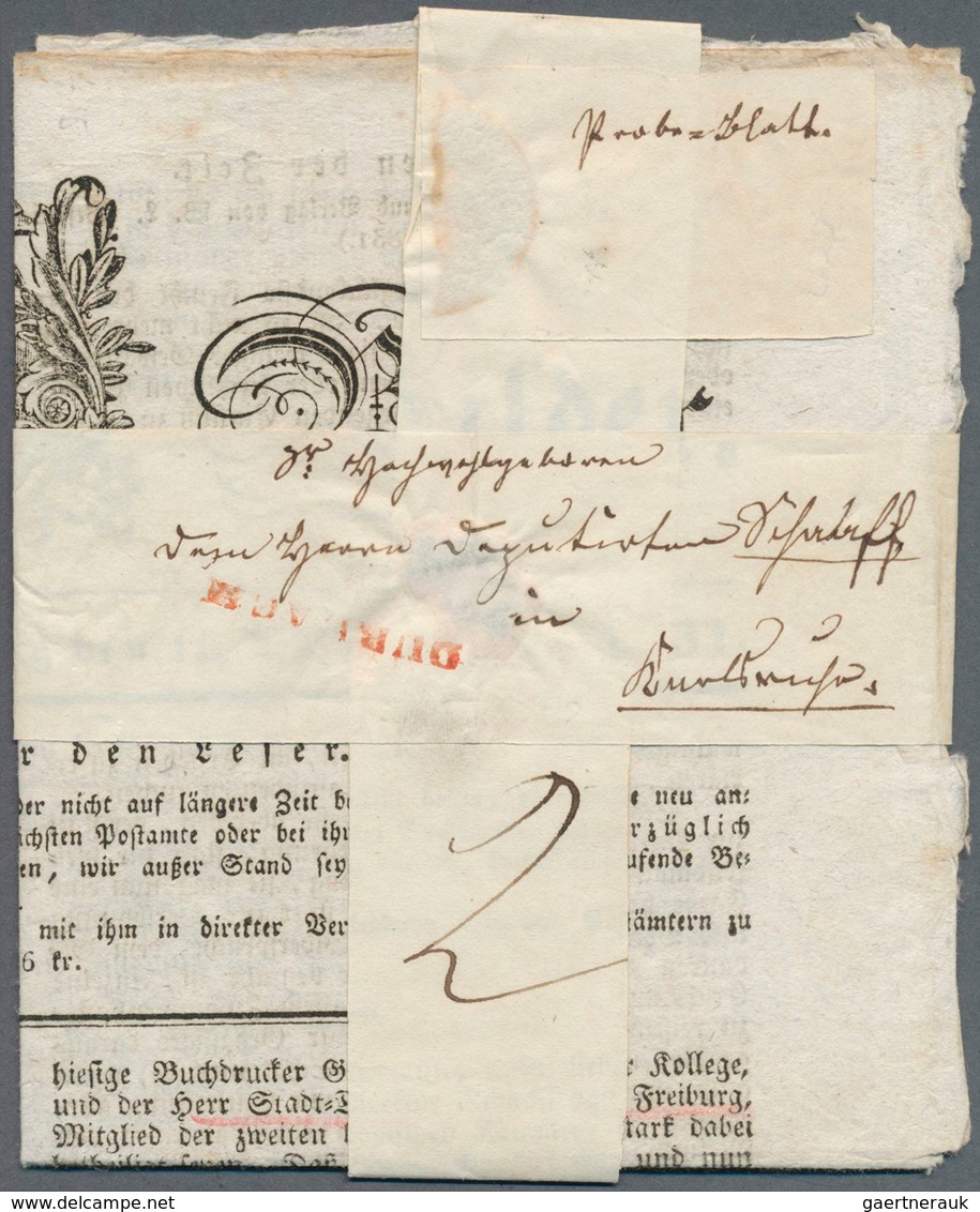 17003 Baden - Vorphilatelie: DURLACH, Roter L1 Auf Vollständigem Streifband Mit Hds. "Probeblatt" Der Korr - Prephilately