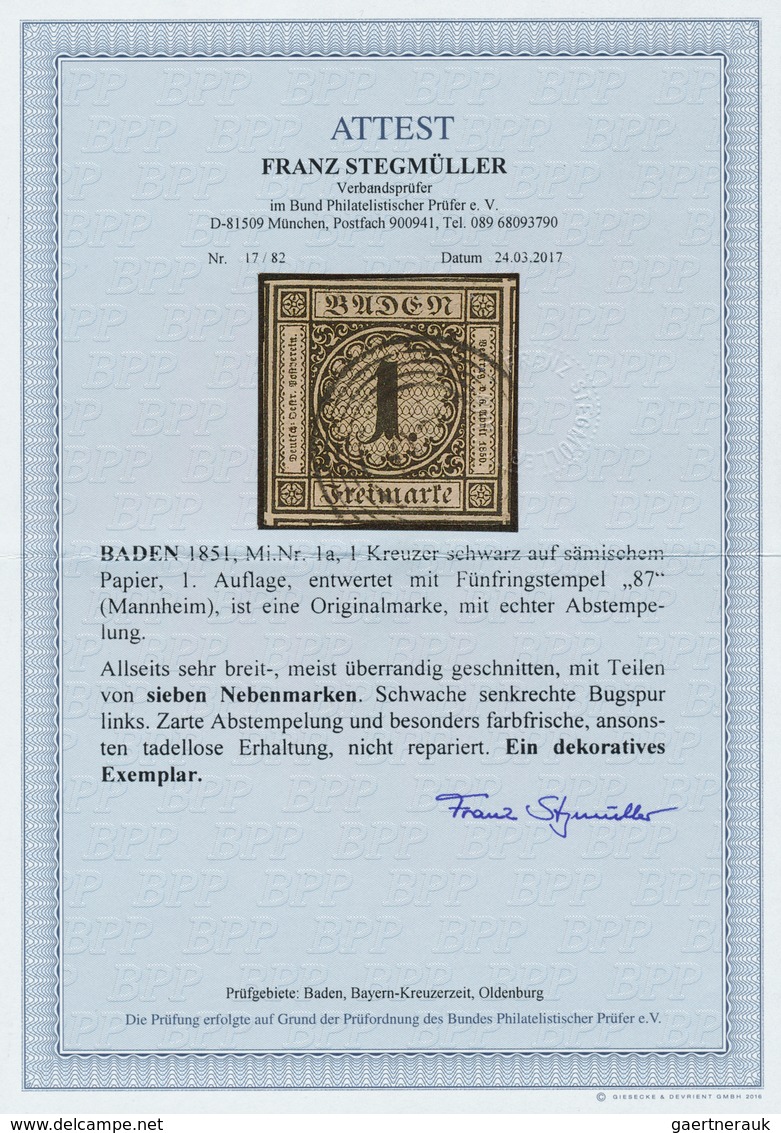 17004 Baden - Marken Und Briefe: 1851, Ziffern 1 Kr. Schwarz Auf Graugelb, Erste Auflage Auf Dünnem Papier - Sonstige & Ohne Zuordnung