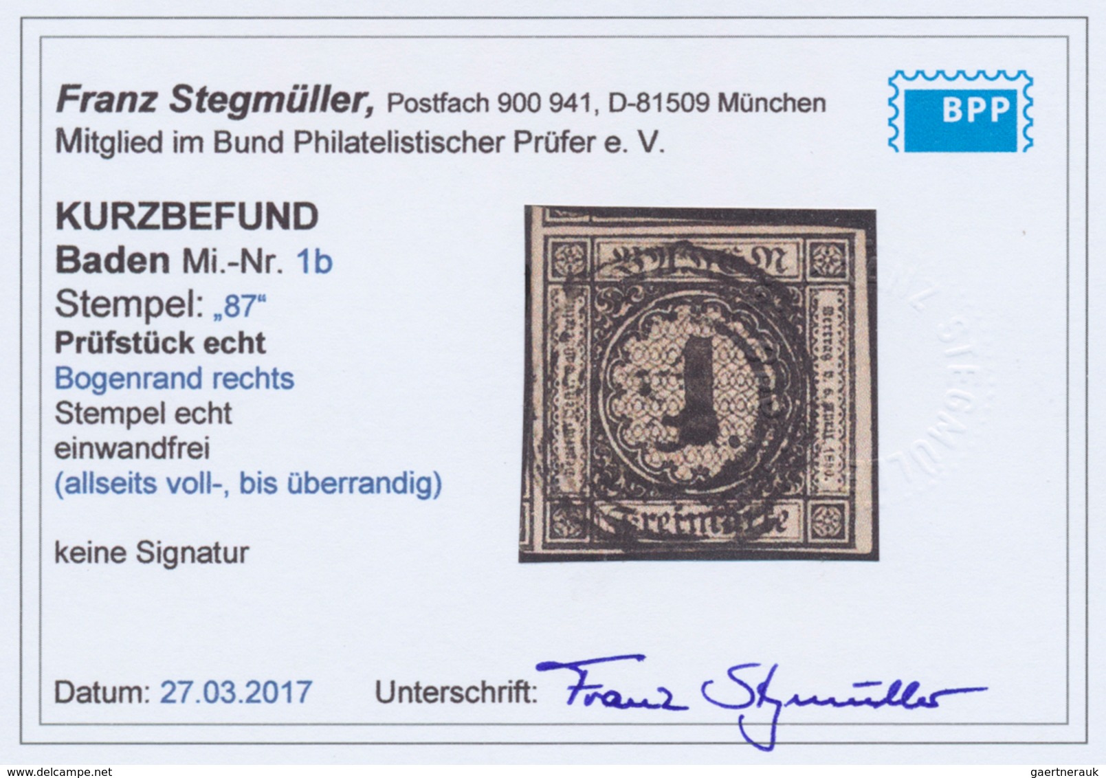 17006 Baden - Marken Und Briefe: 1851, Ziffern 1 Kr. Schwarz Auf Hellgelbbraun, Spätere Auflage Auf Dickem - Other & Unclassified