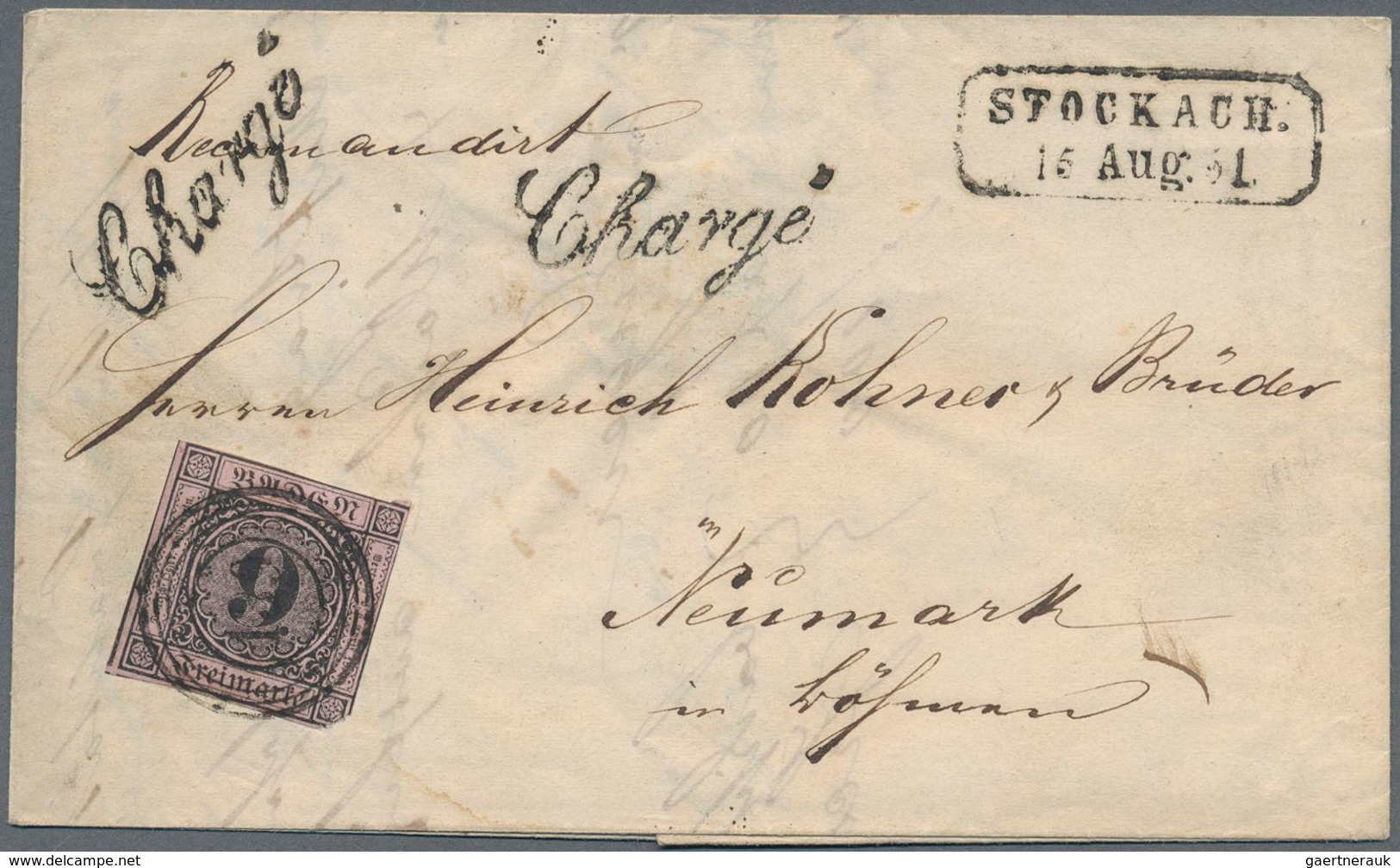 17012 Baden - Marken Und Briefe: 1851 9 Kr. Auf Altrosa (1.Auflage) Auf Charge-Brief Von "STOCKACH 15 AUG - Sonstige & Ohne Zuordnung
