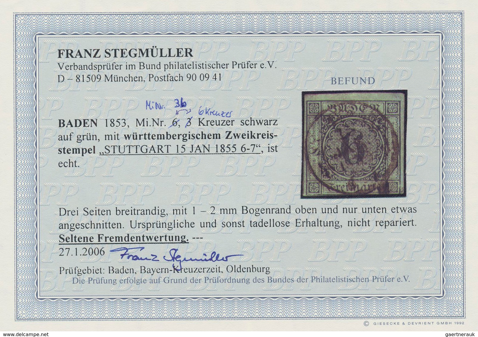 17017 Baden - Marken Und Briefe: 1852, 6 Kr. Auf Grün Mit Württembergischer FREMDENTWERTUNG K2 "STUTTGART - Andere & Zonder Classificatie