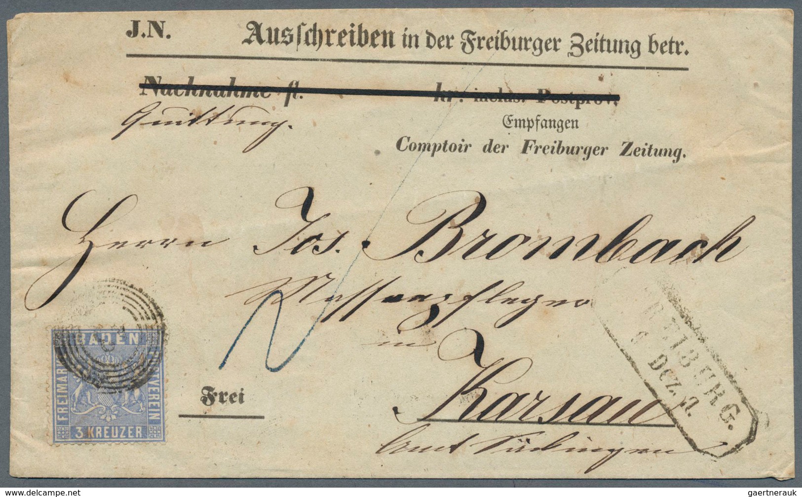 17019 Baden - Marken Und Briefe: 1860, Wappen 3 Kr. Ultramarin, Enge Zähnung Mit Nr.-St. "48" Auf Vordruck - Sonstige & Ohne Zuordnung